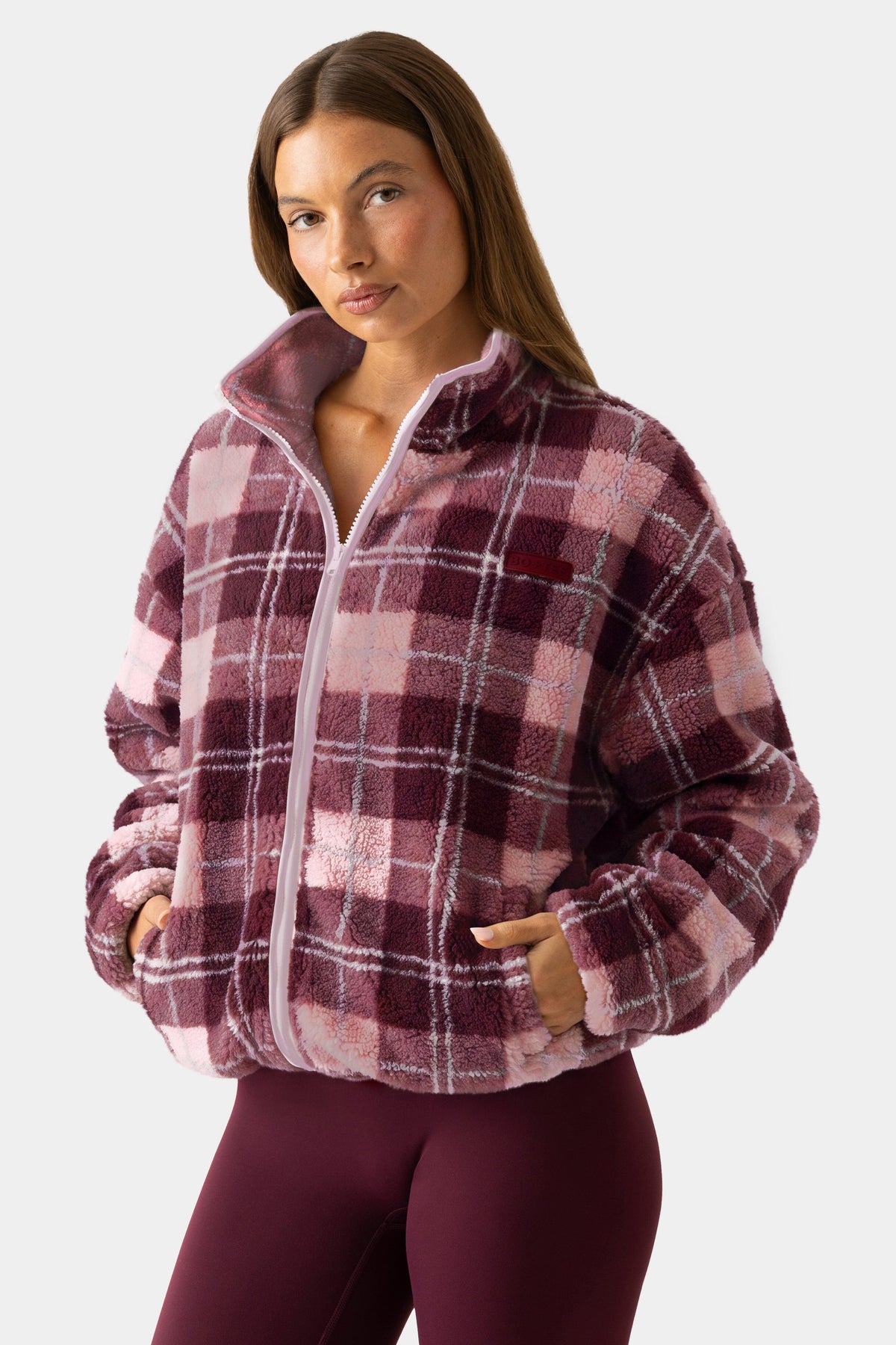 Oversized Zip-up Fleece In Plum Plaid