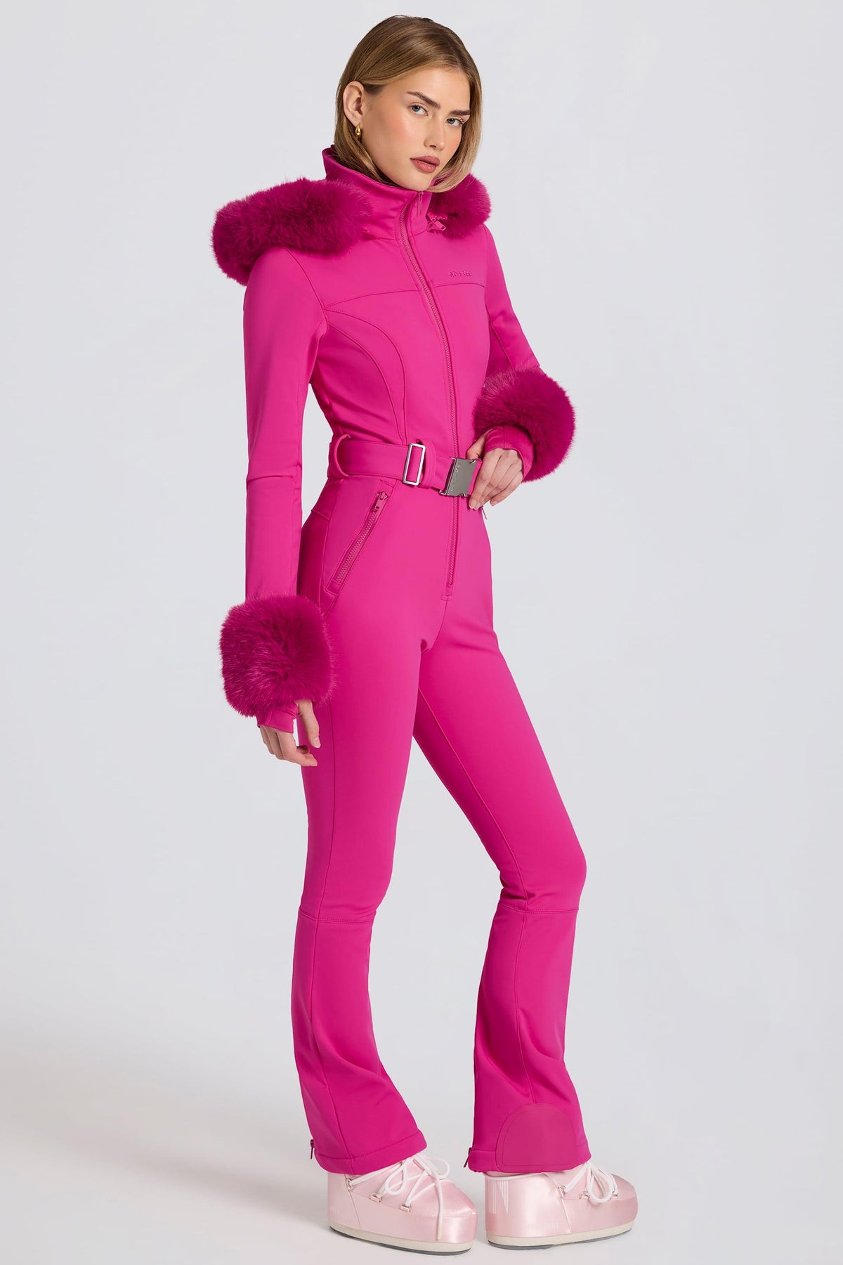 Waterproof Faux-fur Hood Fitted Ski Suit In Magenta Pink