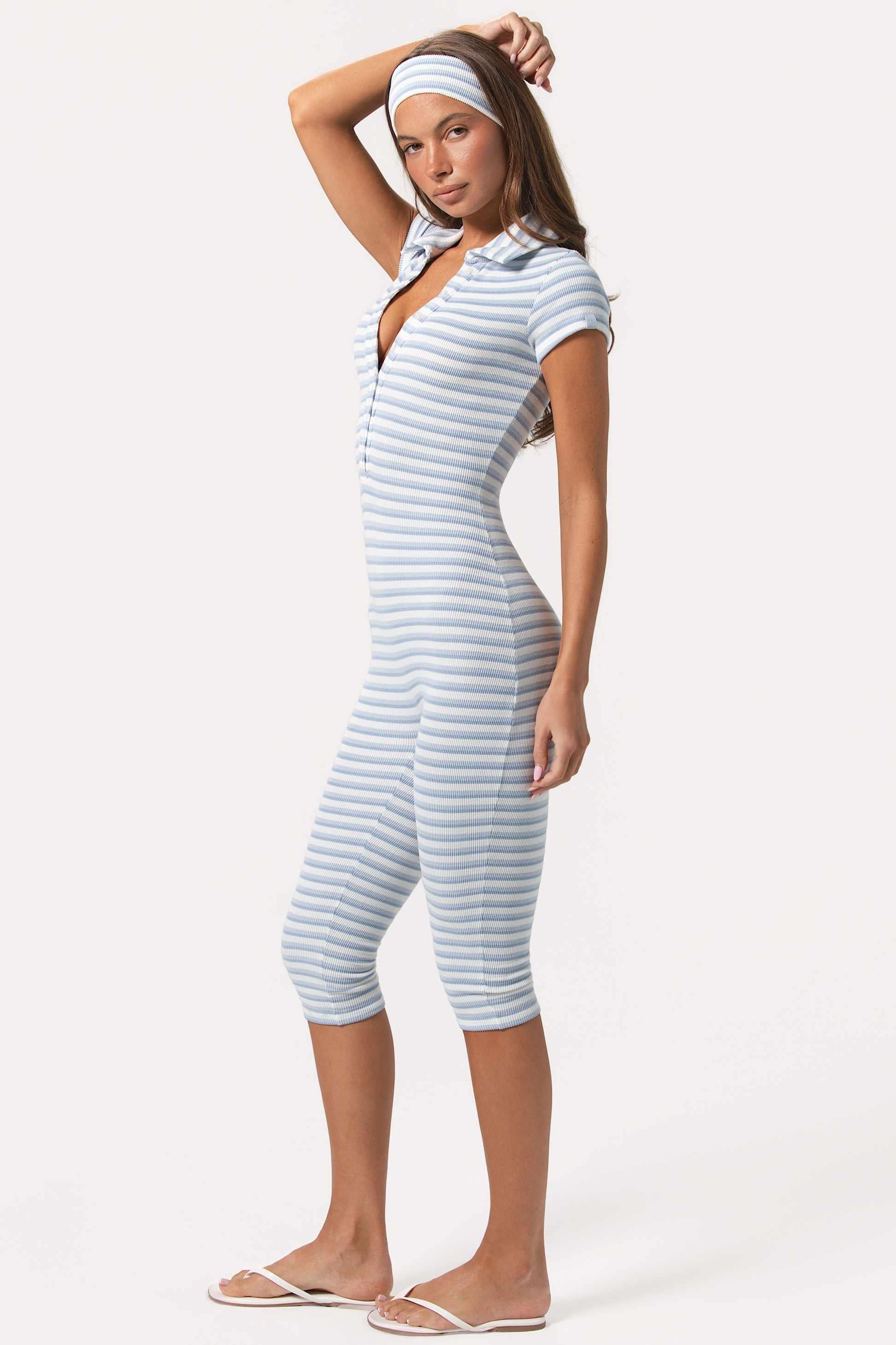 Ribbed Jersey Capri Jumpsuit In Blue Stripe