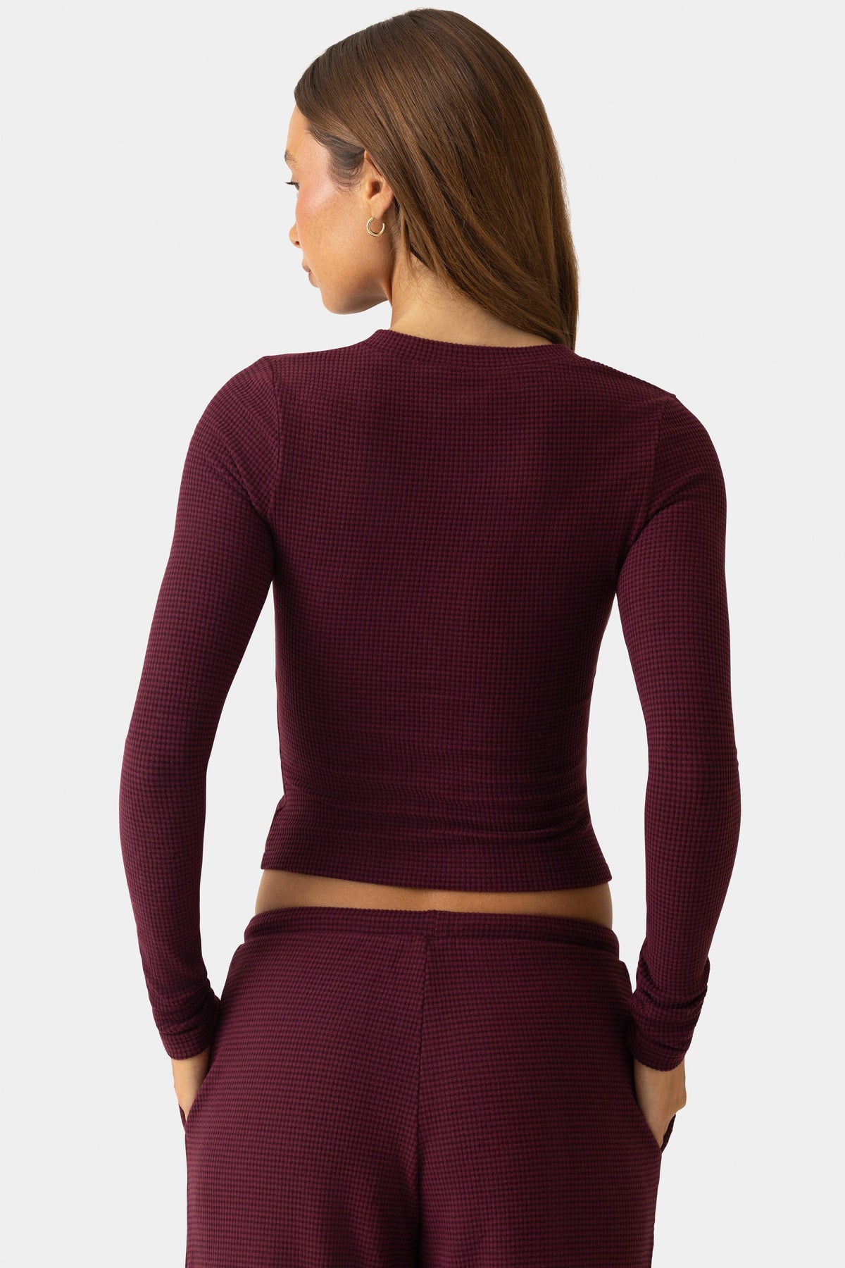 Ribbed Jersey Crewneck Cardigan In Burgundy
