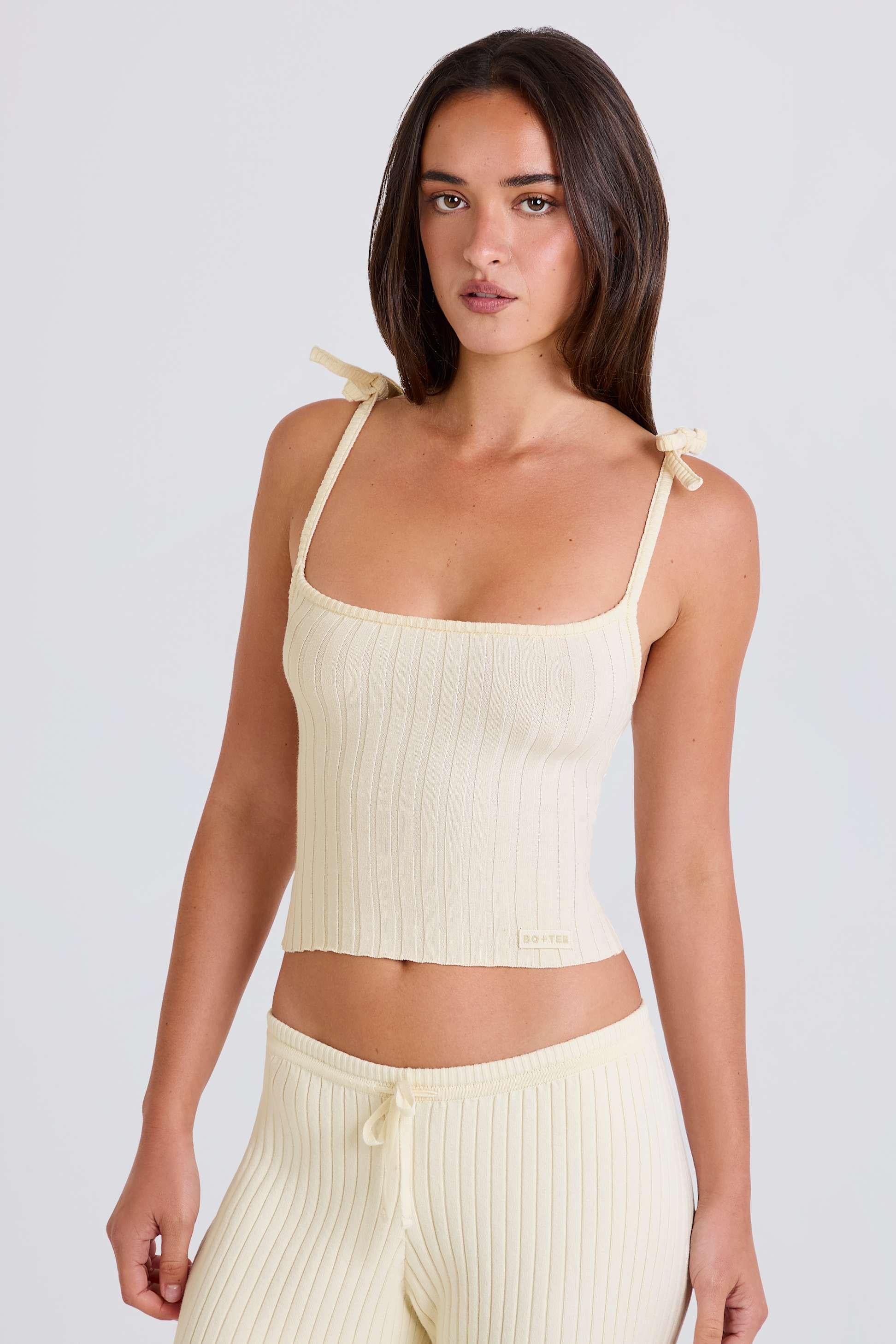 Ribbed Knit Tie Tank Top In Cream