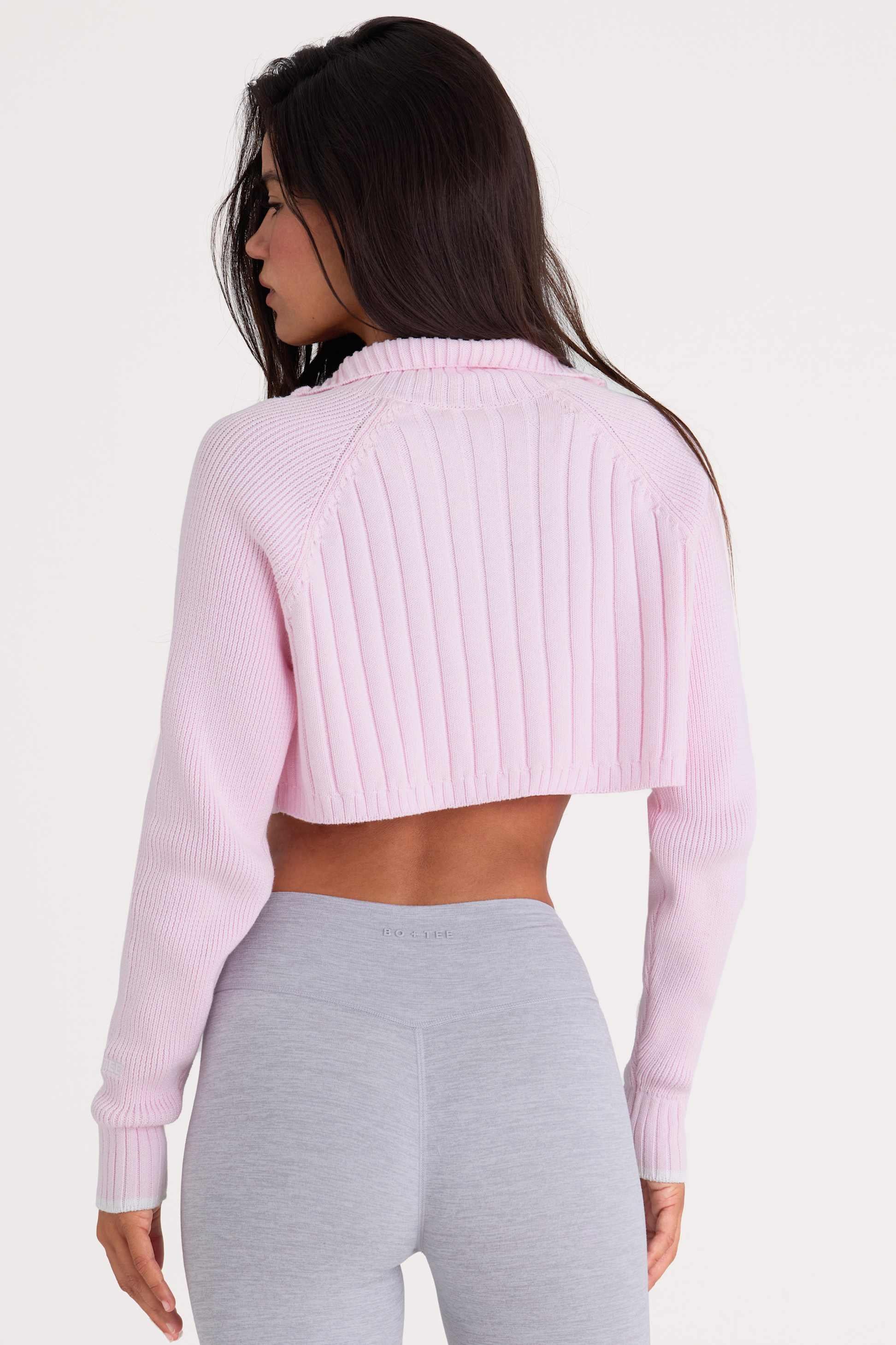Ribbed-knit Quarter-zip Cropped Jumper In Powder Pink