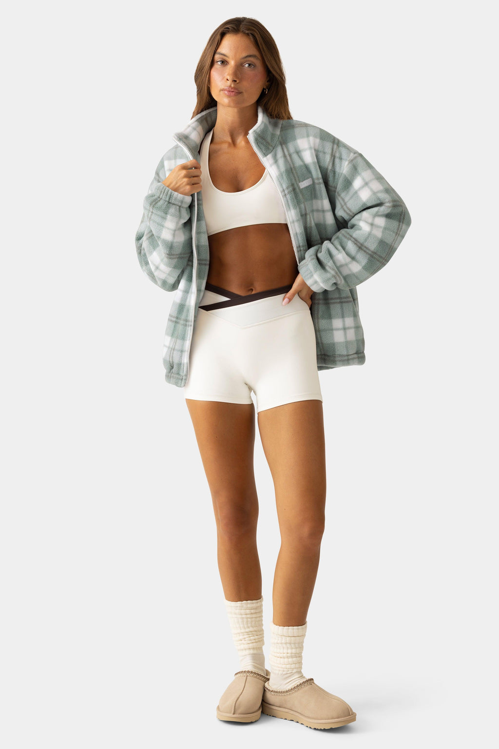 Oversized Zip-up Fleece In Matcha Plaid