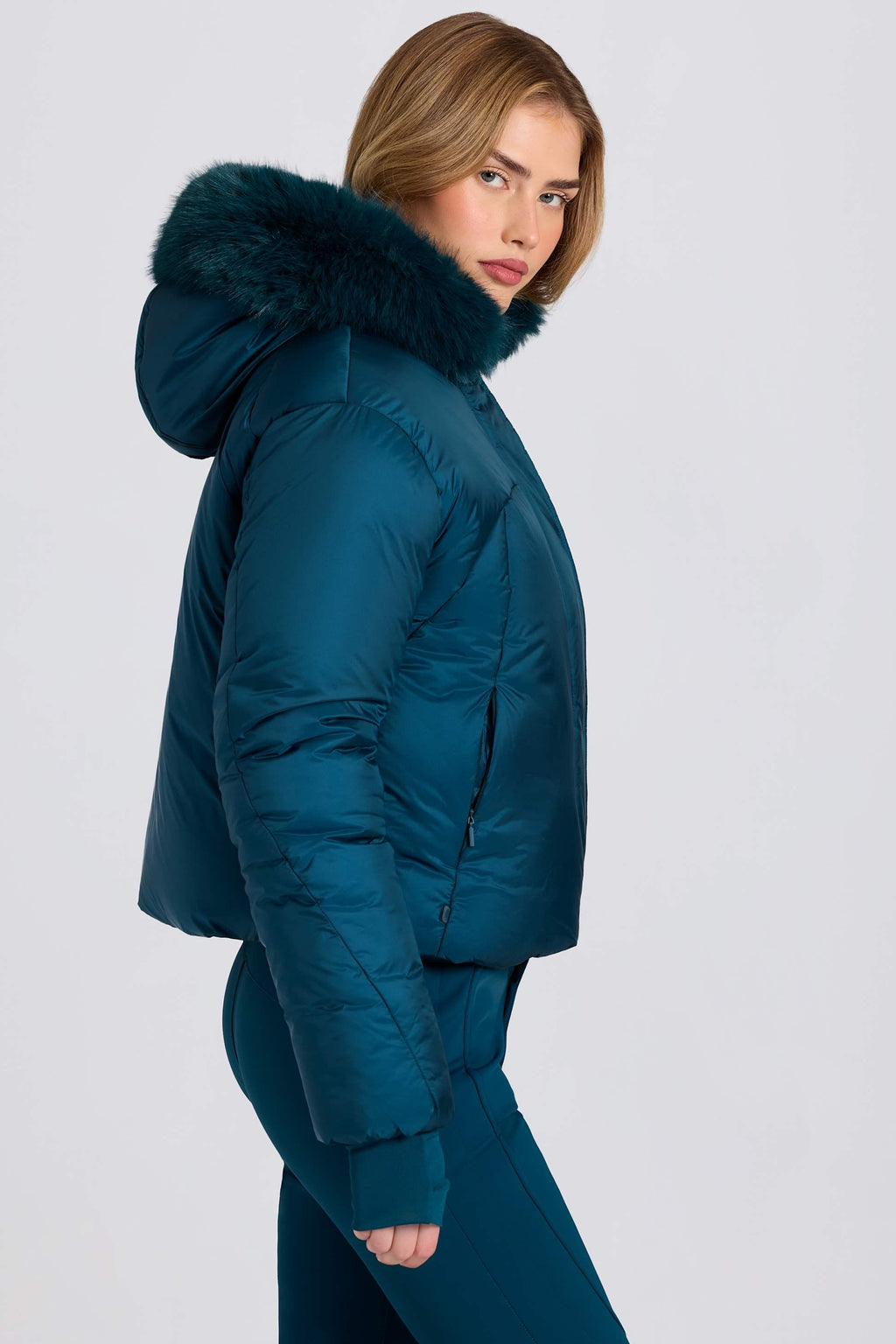 Waterproof Faux-fur Hood Cropped Ski Jacket In Teal