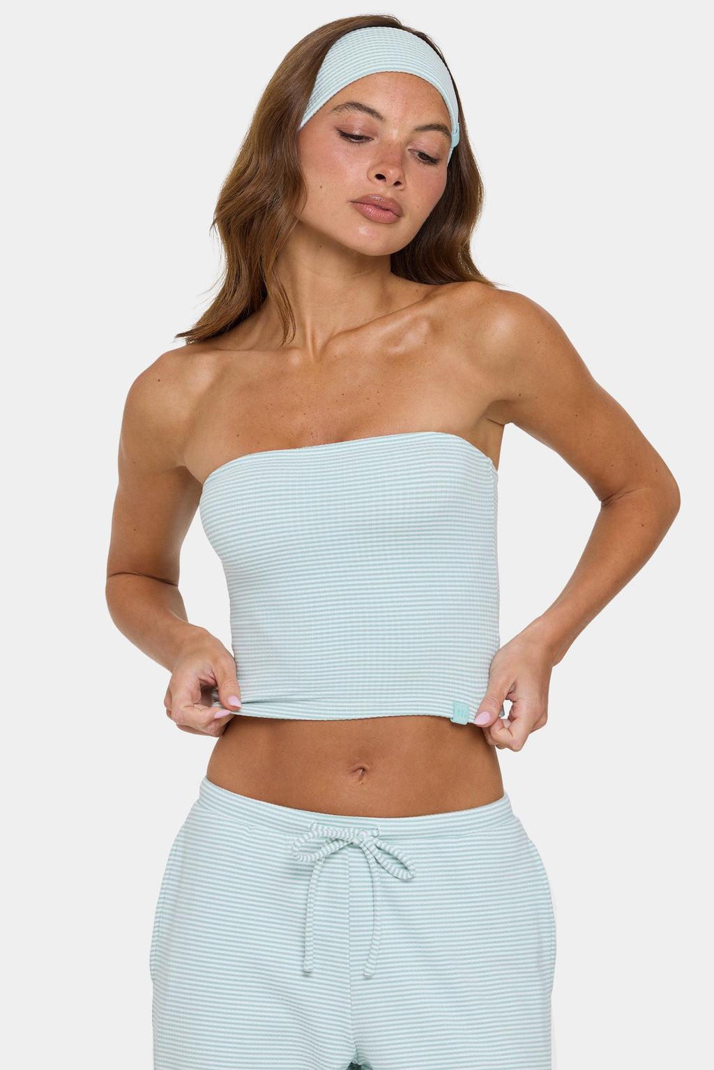 Ribbed Jersey Bandeau Top In Mint Stripe
