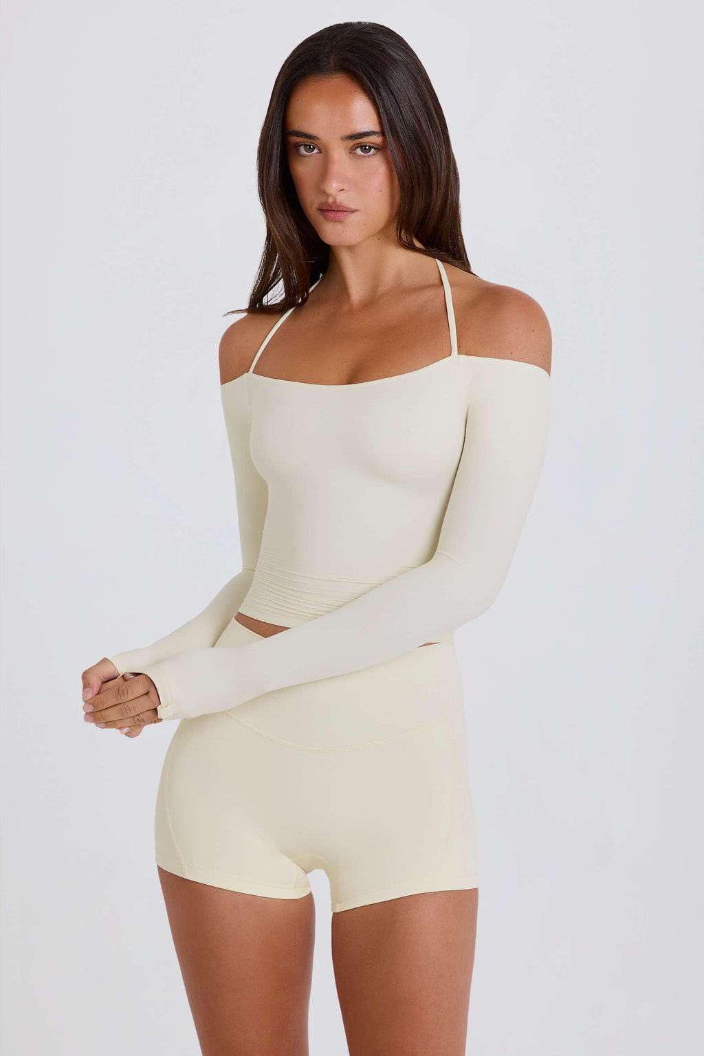 Soft Jersey Off-shoulder Halterneck Longline Top In Cream