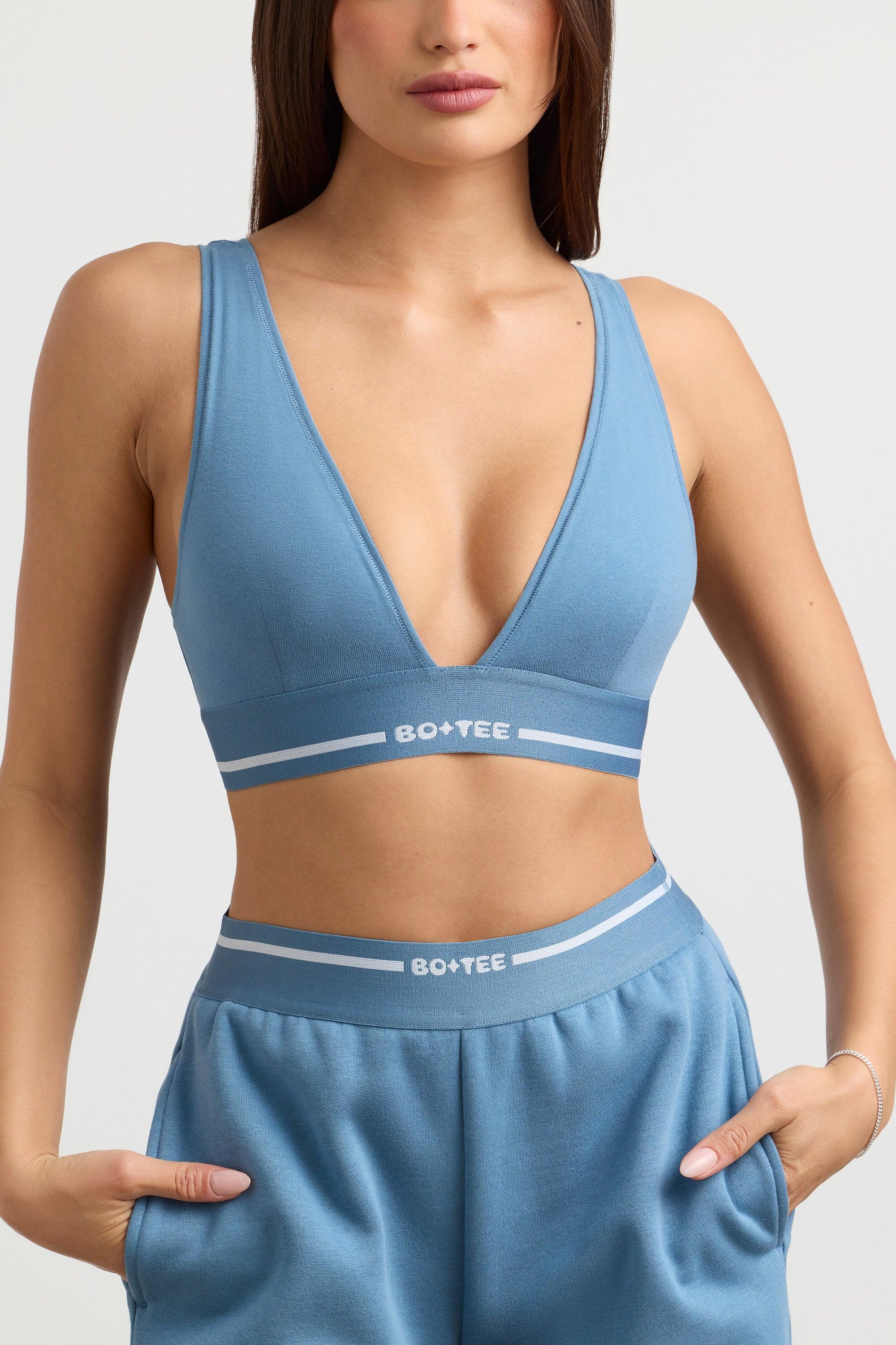 Stretch Cotton Jersey Plunge-neck Crop Top In Steel Blue