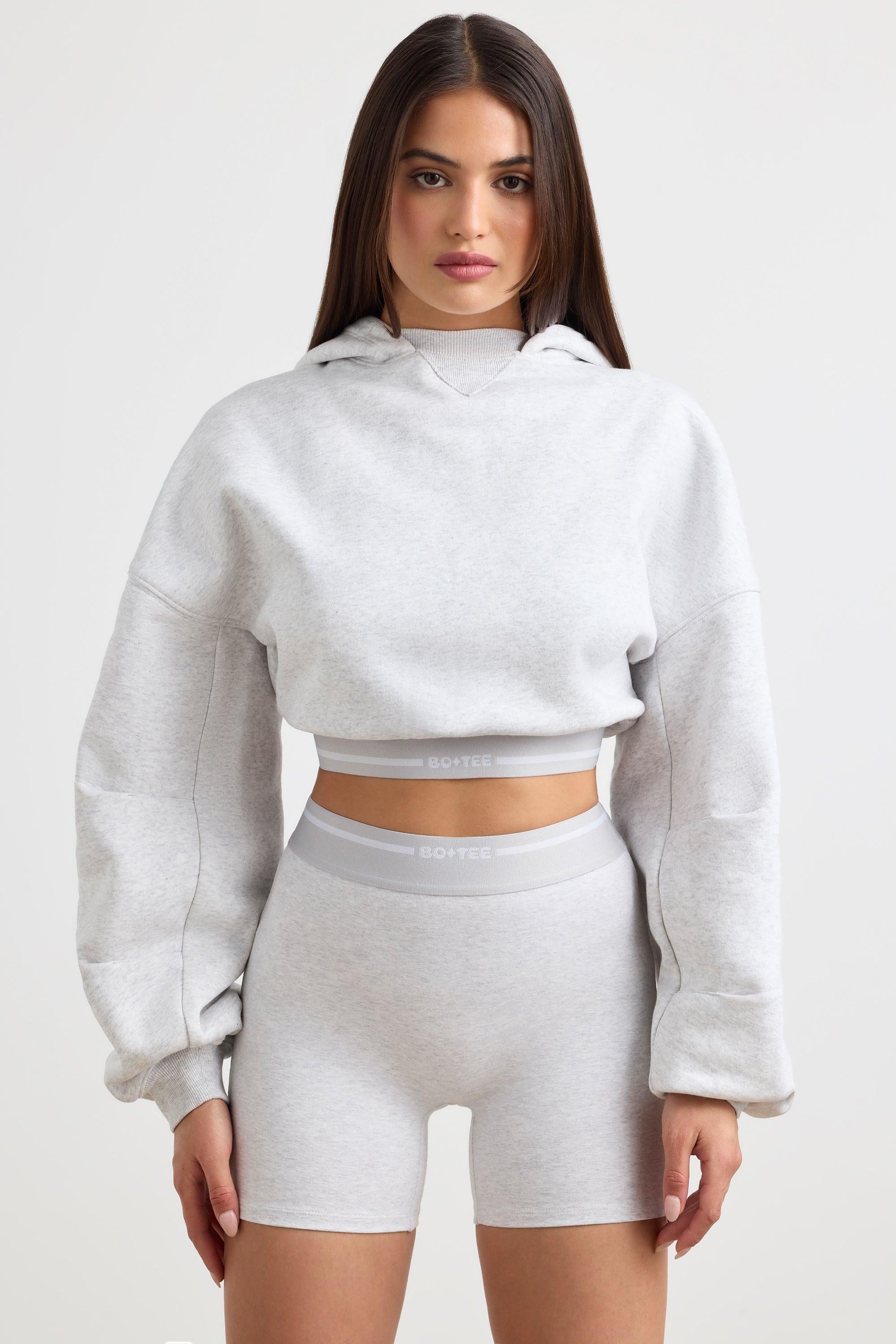 Stretch Cotton Fleece Cropped Hoodie In Grey Marl