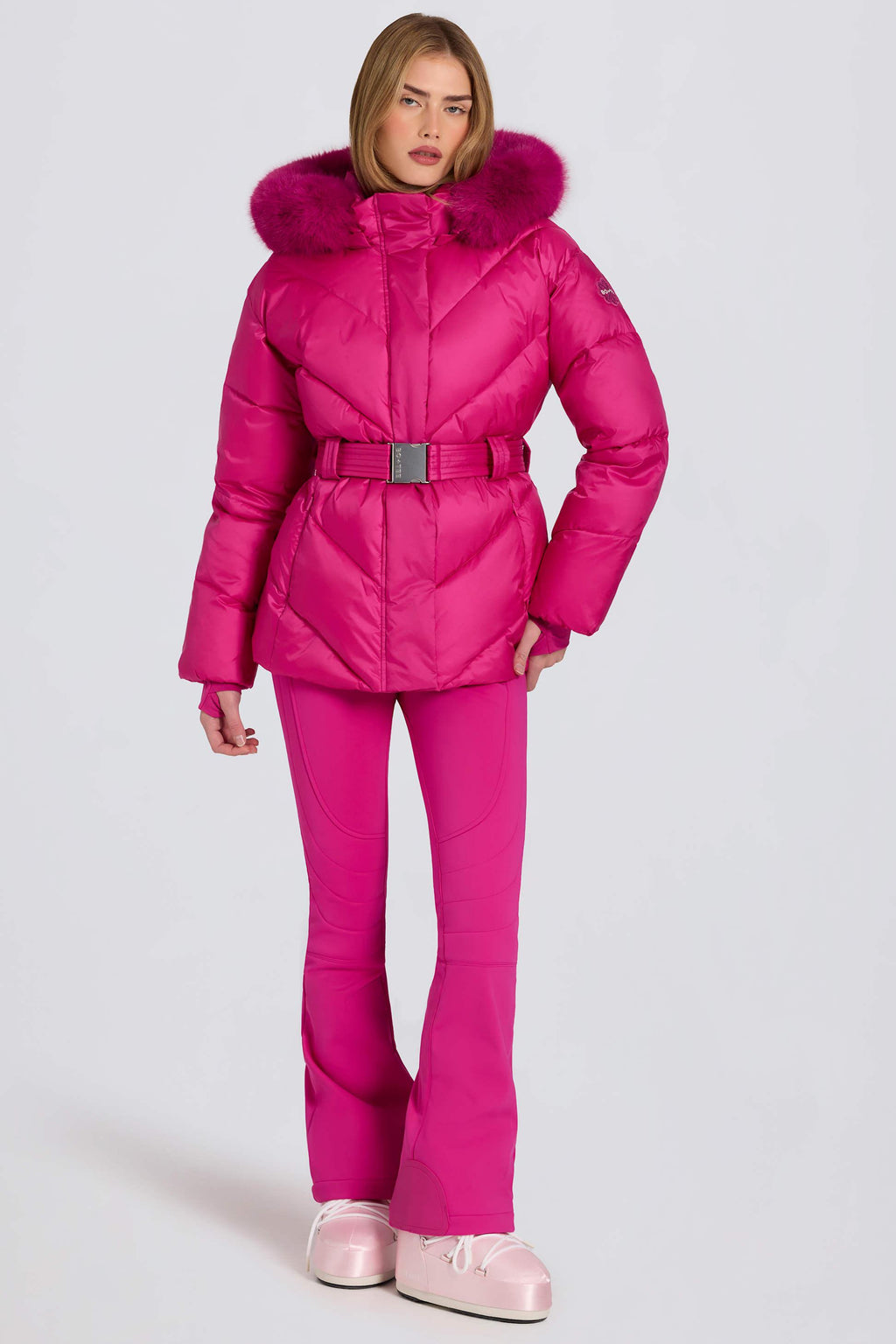 Waterproof Faux-fur Hood Ski Jacket In Magenta Pink