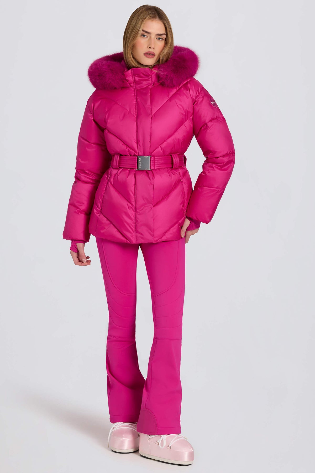 Waterproof Faux-fur Hood Ski Jacket In Magenta Pink