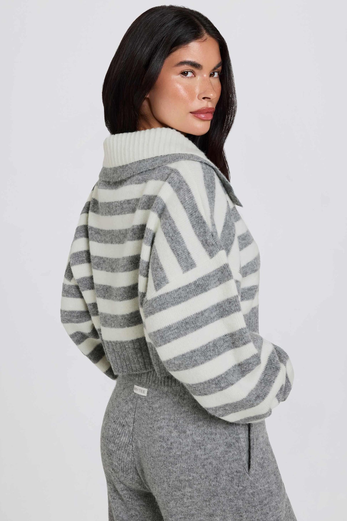 Soft Knit Layered Collar Cropped Jumper In Grey Stripe
