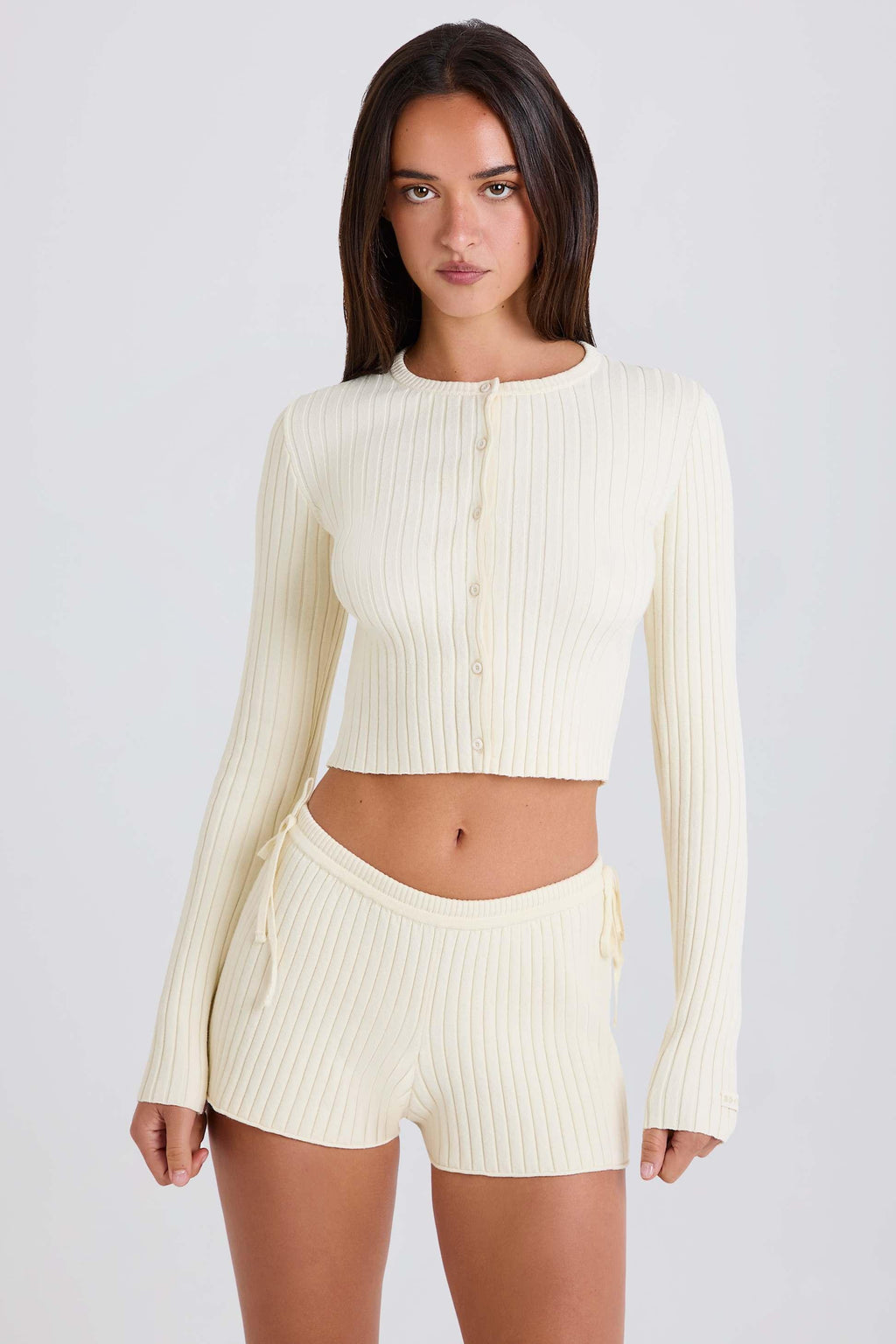 Ribbed Knit Tie Mini Shorts In Cream