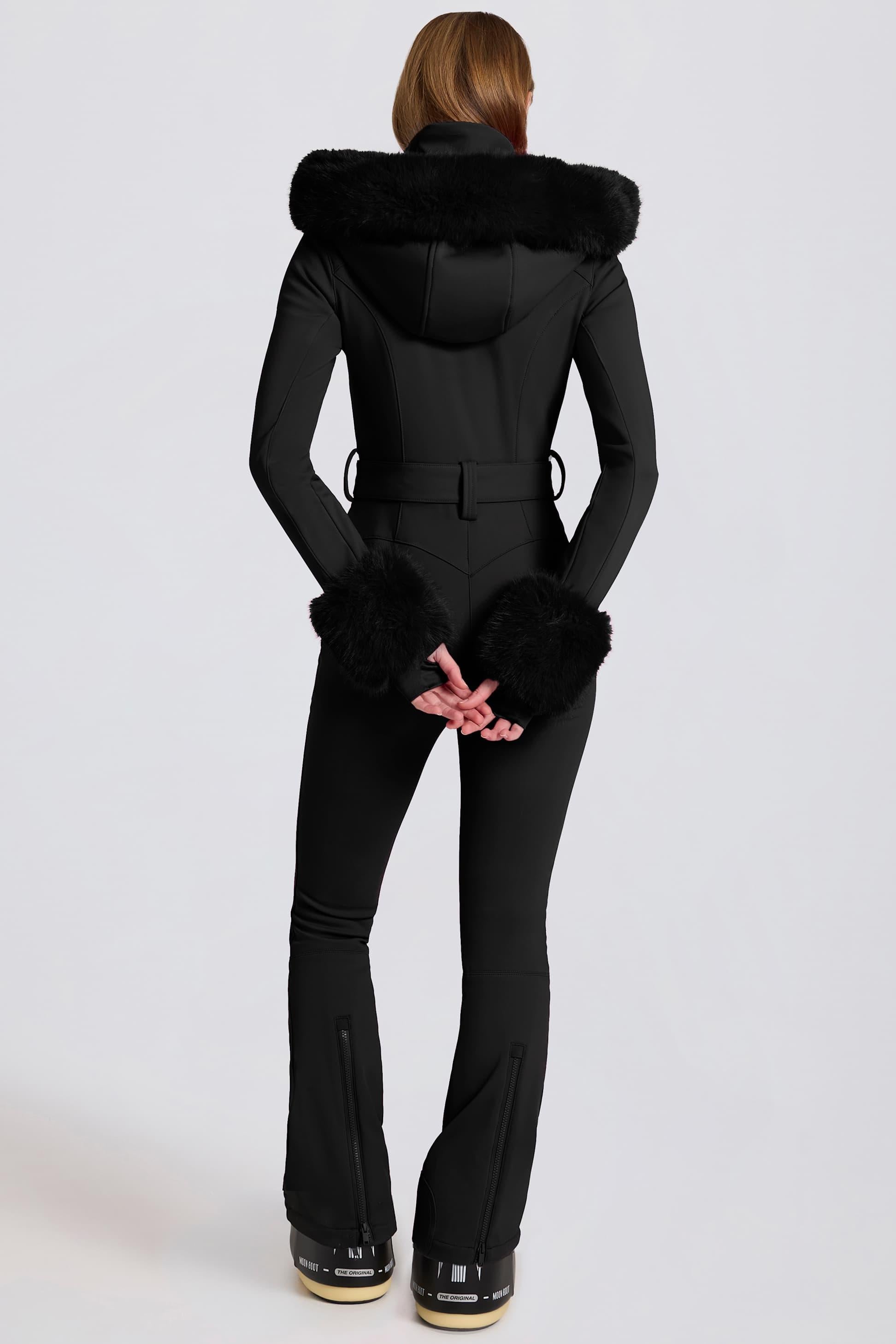 Waterproof Faux-fur Hood Fitted Ski Suit In Black