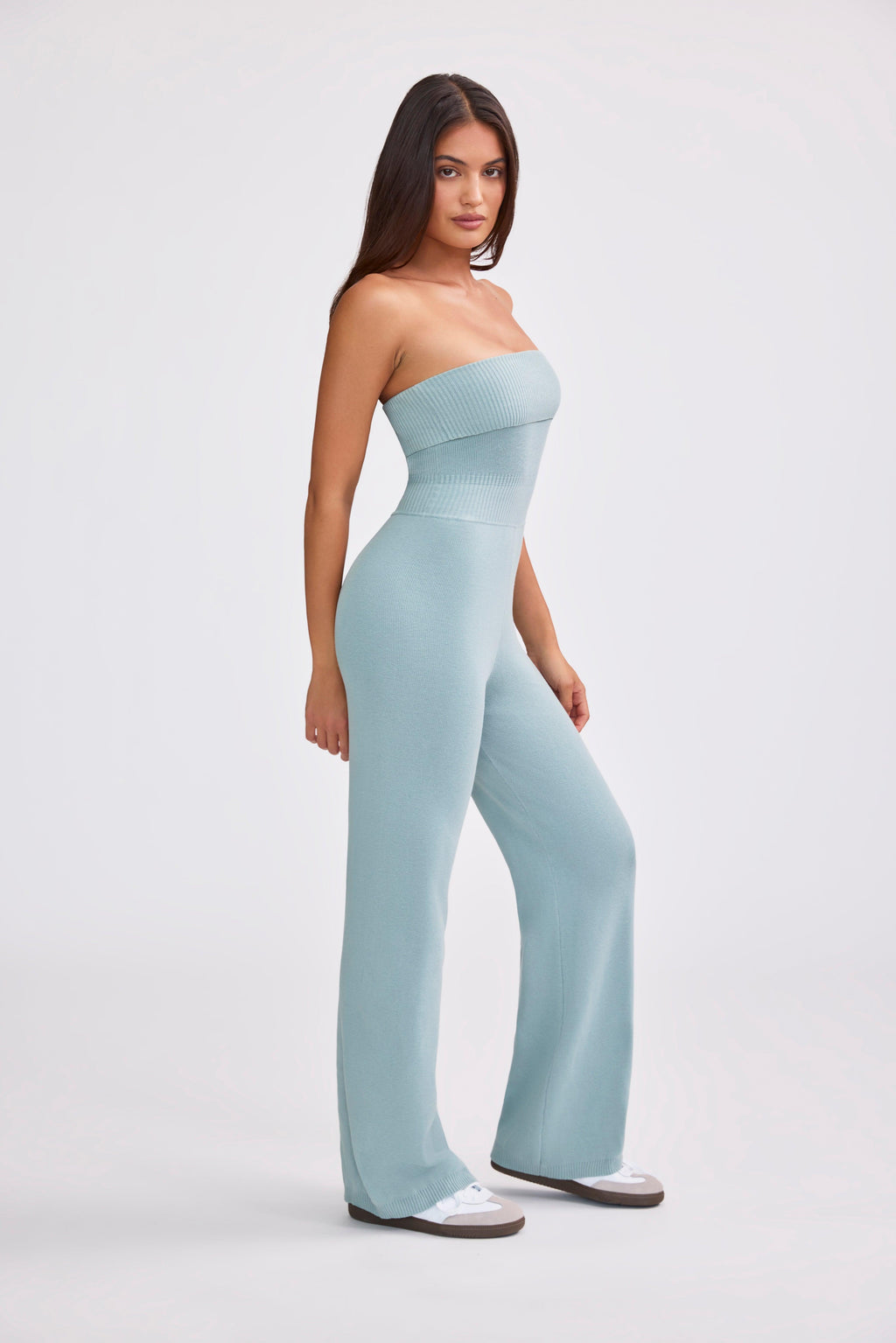 Chunky Knit Bandeau Kick Flare Jumpsuit In Dusty Teal