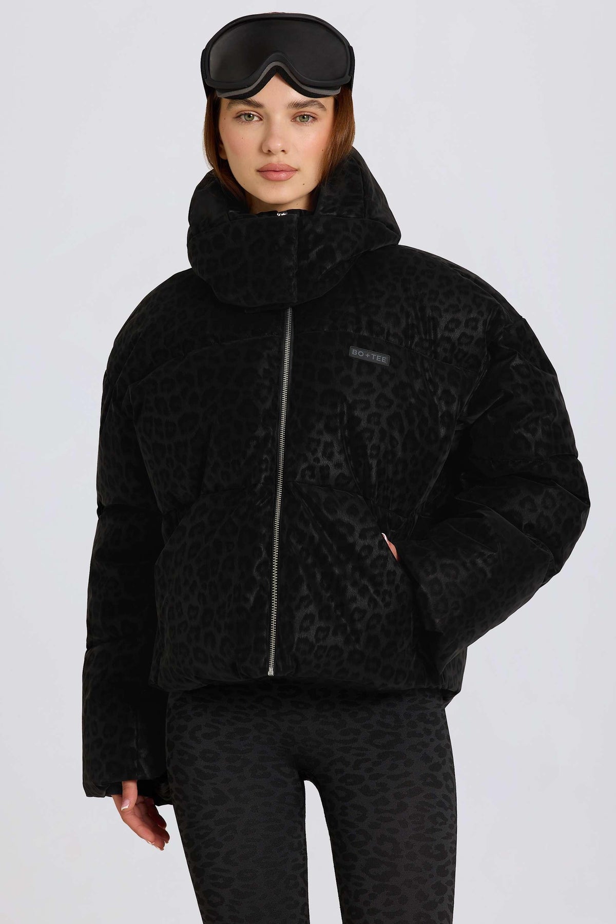 Waterproof Cropped Oversized Ski Jacket In Black Leopard