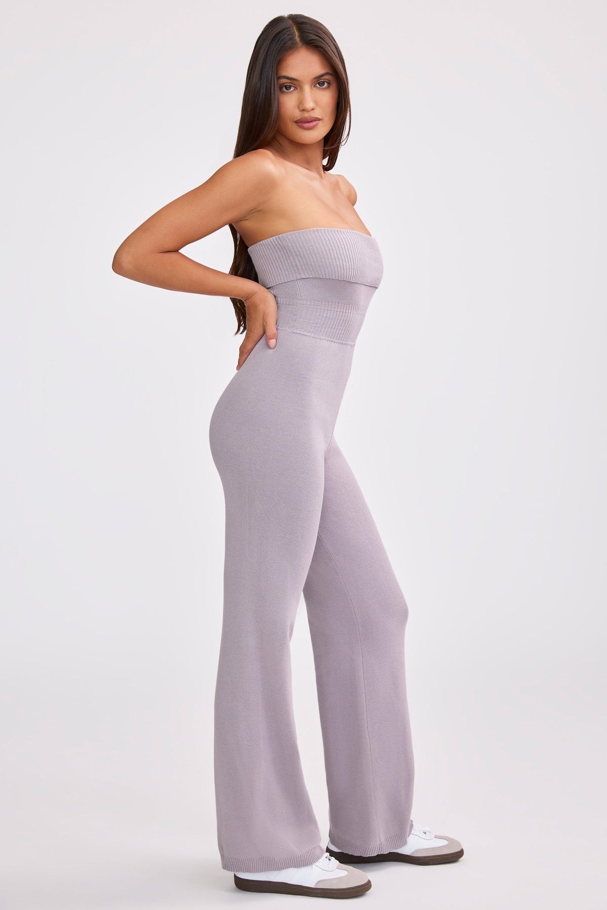 Chunky Knit Bandeau Kick Flare Jumpsuit In Dusty Lavender