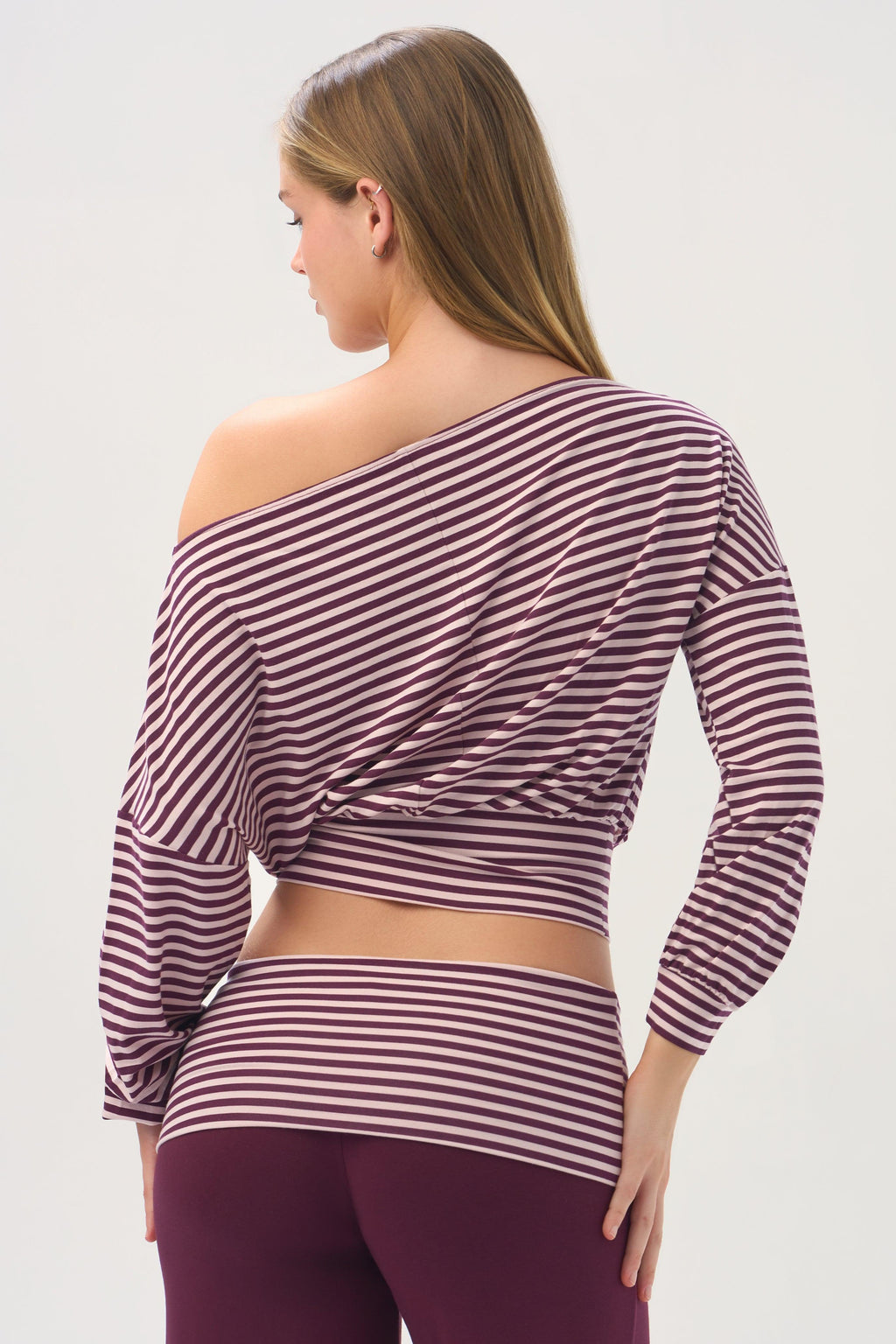 Buttercloud™ Slouchy Off-shoulder Top In Plum Stripe