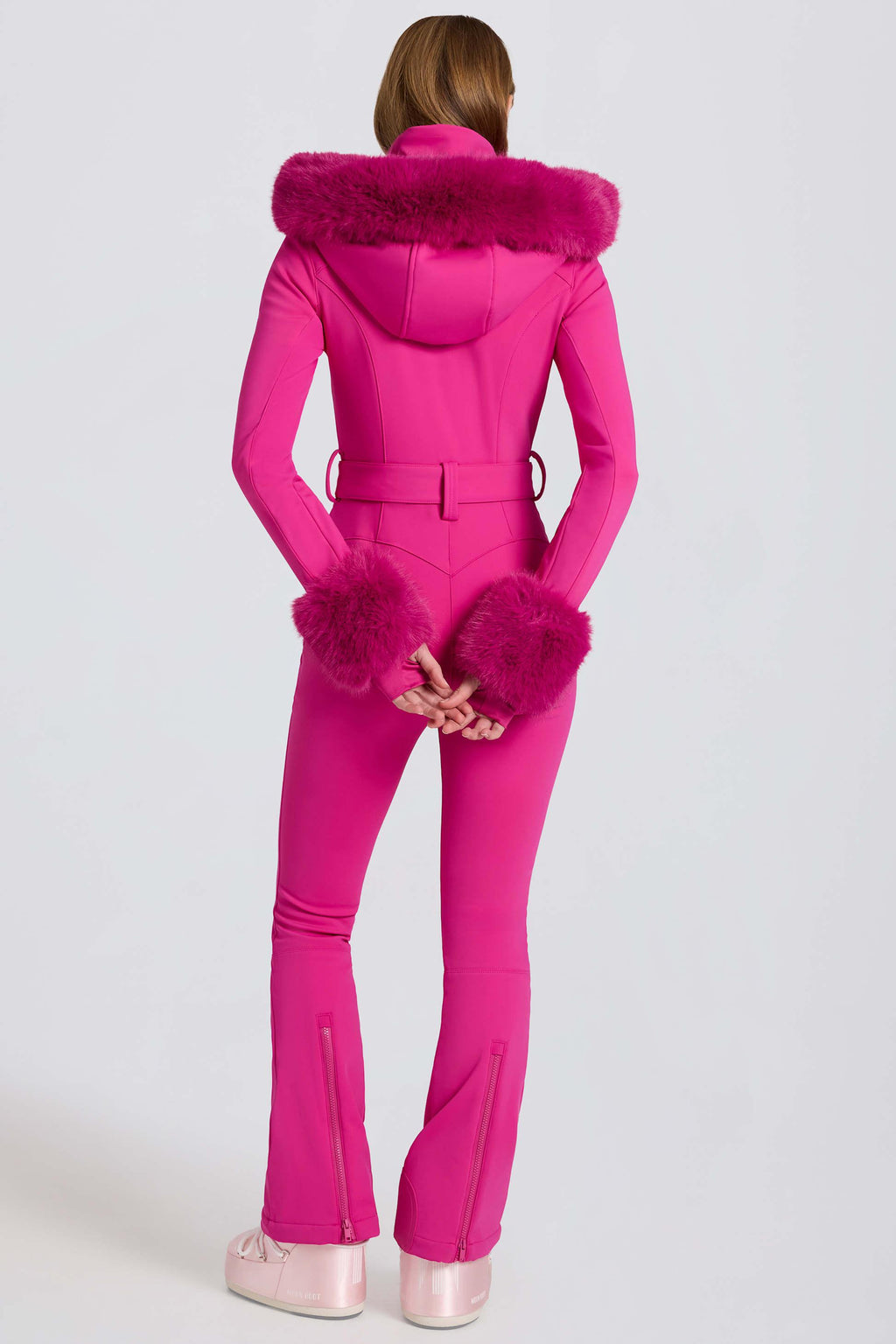 Waterproof Faux-fur Hood Fitted Ski Suit In Magenta Pink