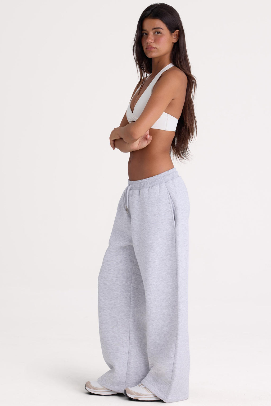 Brushed Jersey Wide-leg Joggers In Grey Marl