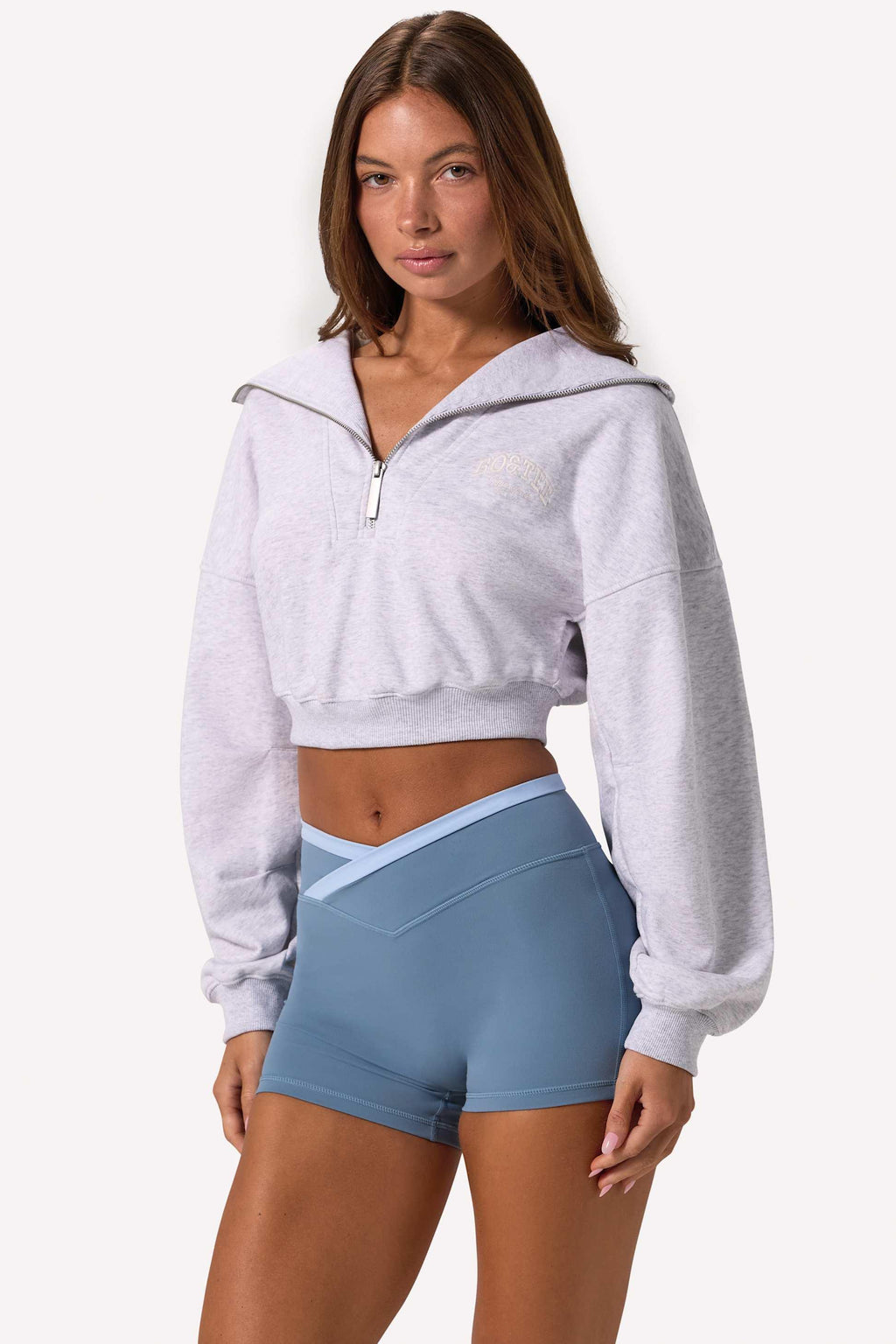 Quarter-zip Cropped Sweatshirt In Grey Marl