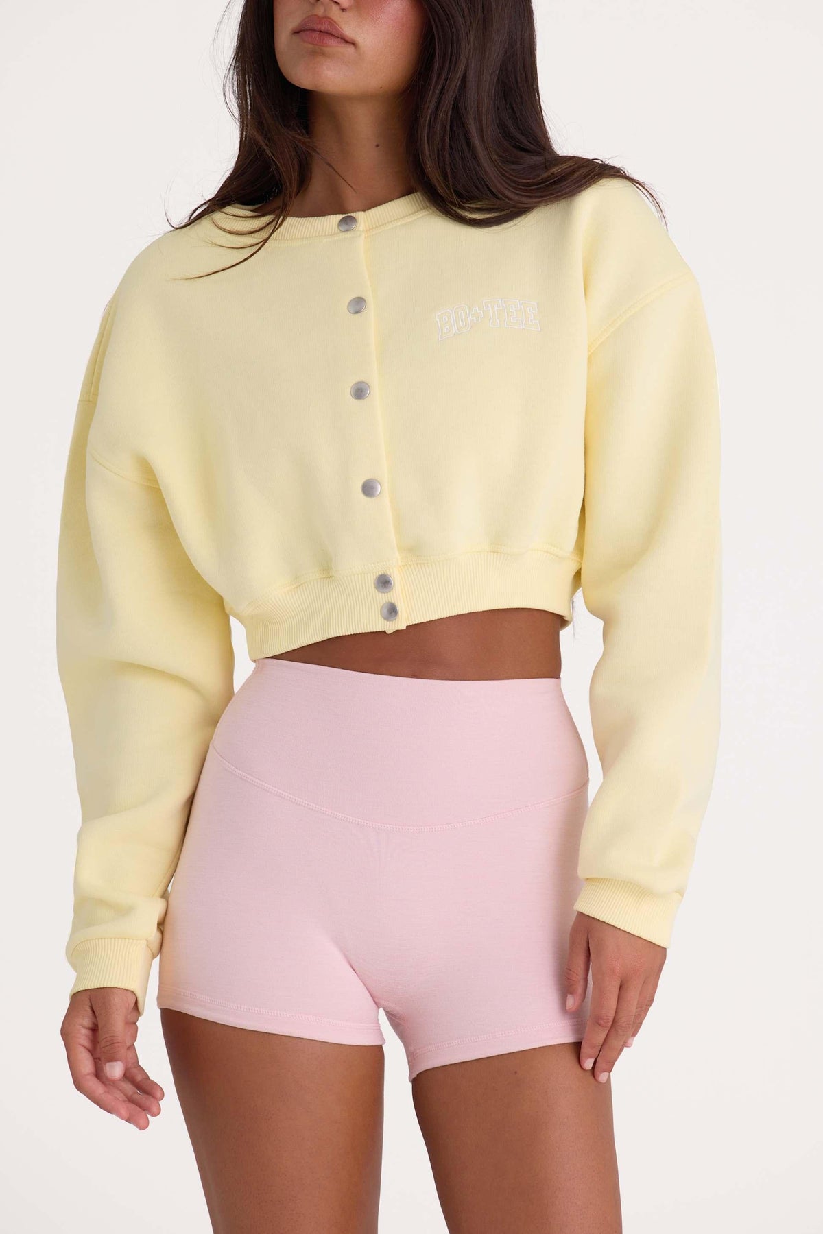 Brushed Jersey Button-up Cropped Cardigan In Lemon