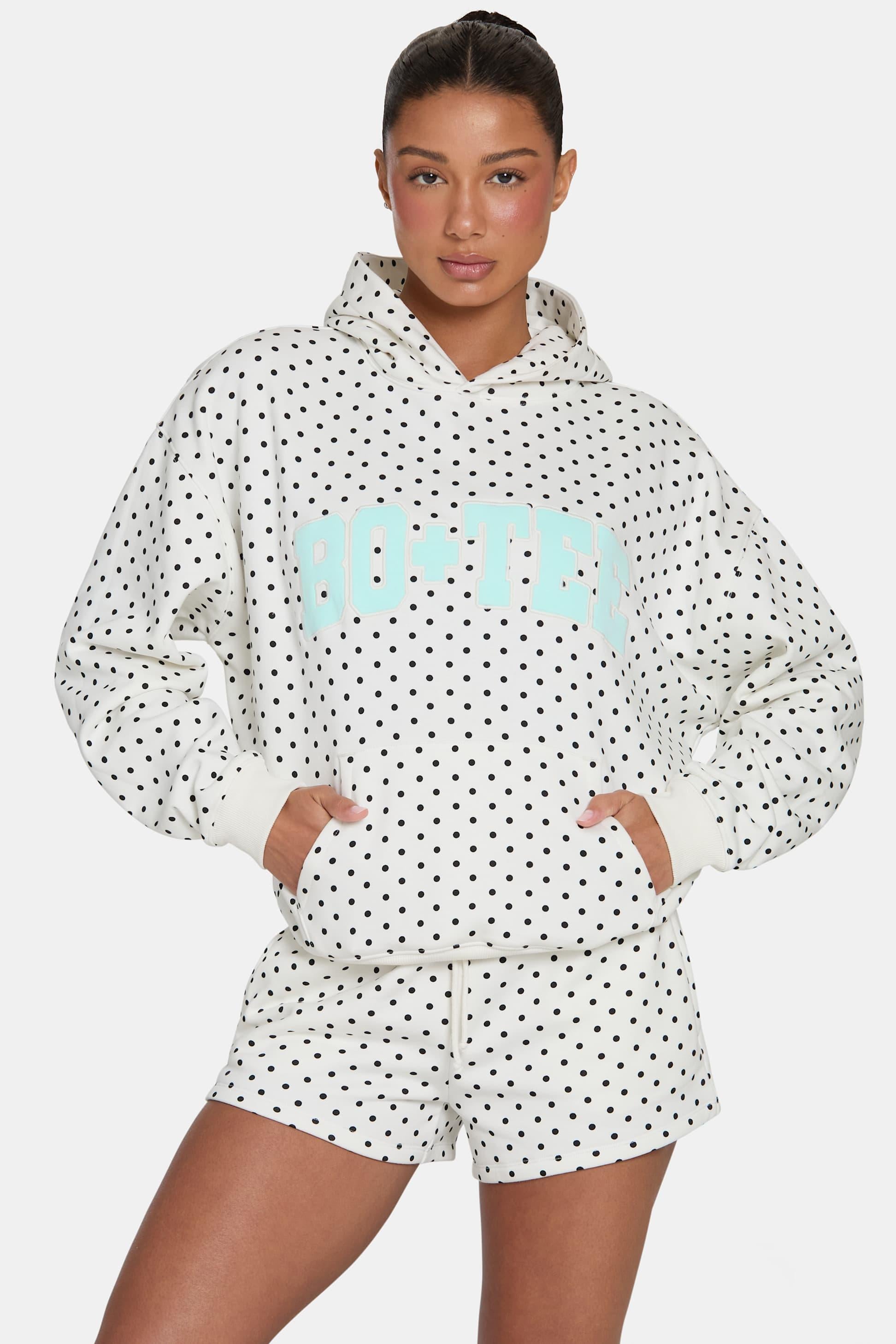 Oversized Applique Hoodie In Monochrome Polka Dot