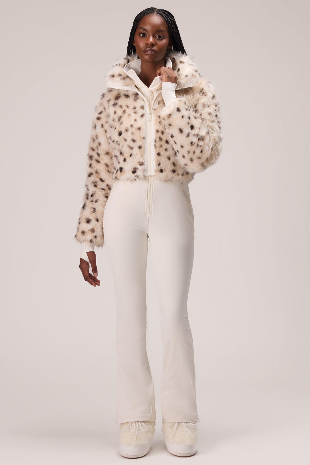 Faux Fur Ski Suit In Snow Leopard