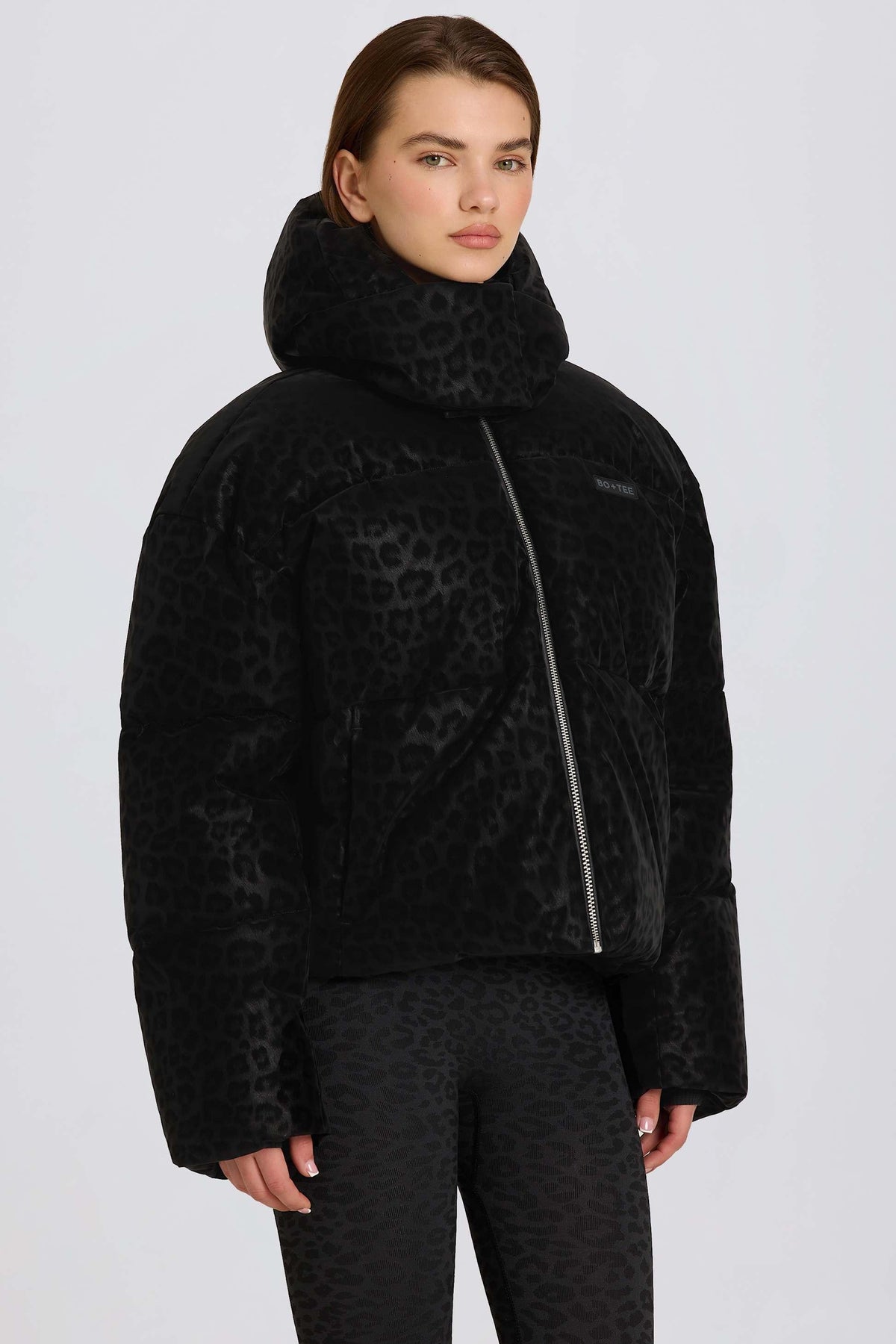 Waterproof Cropped Oversized Ski Jacket In Black Leopard