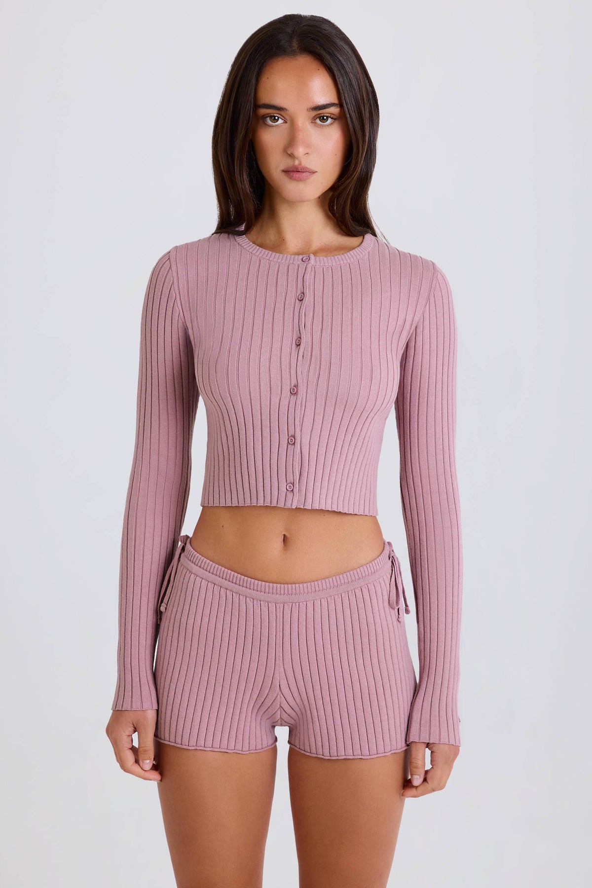 Ribbed Knit Tie Mini Shorts In Mauve