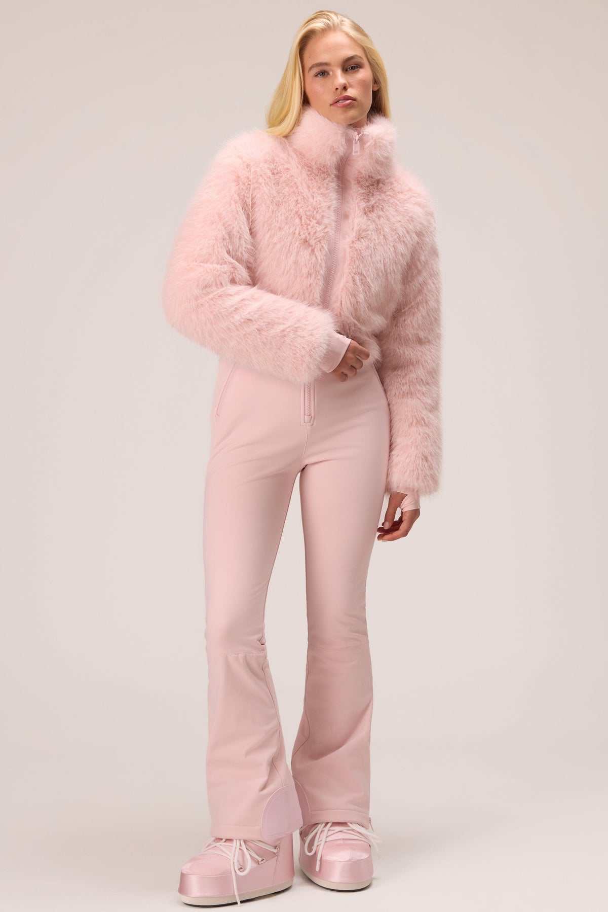Faux Fur Ski Suit In Powder Pink