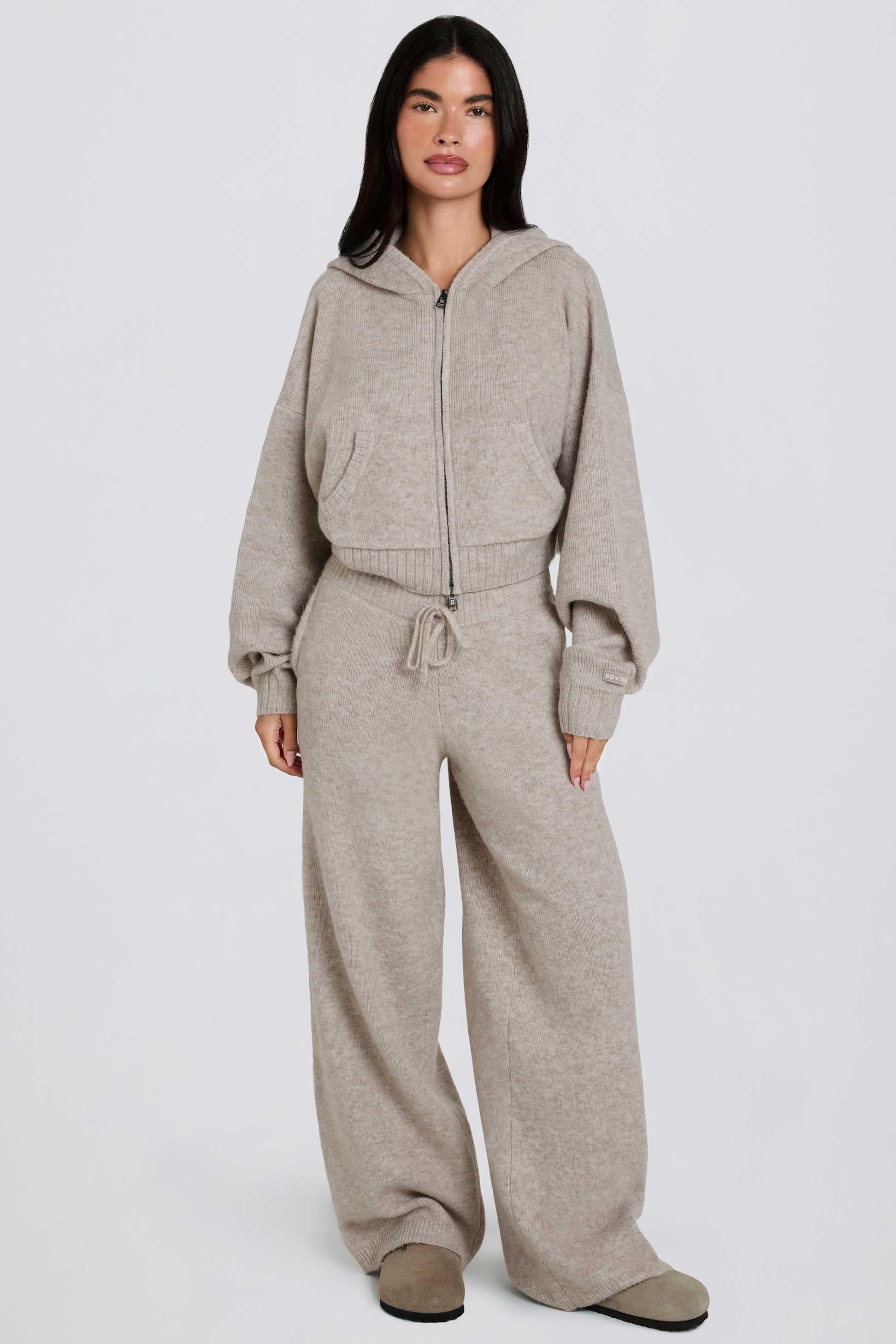Knit Mid-rise Wide-leg Joggers In Beige