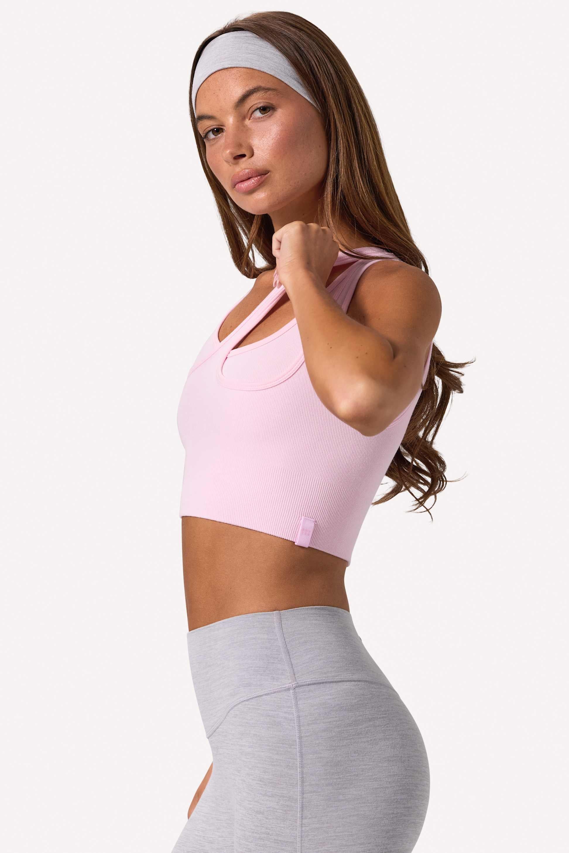 Seamless Soft Rib Asymmetric Sports Bra In Powder Pink