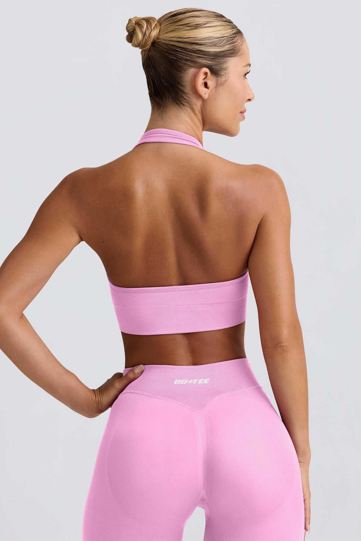 Define Luxe Halterneck Sports Bra In Bubblegum Pink