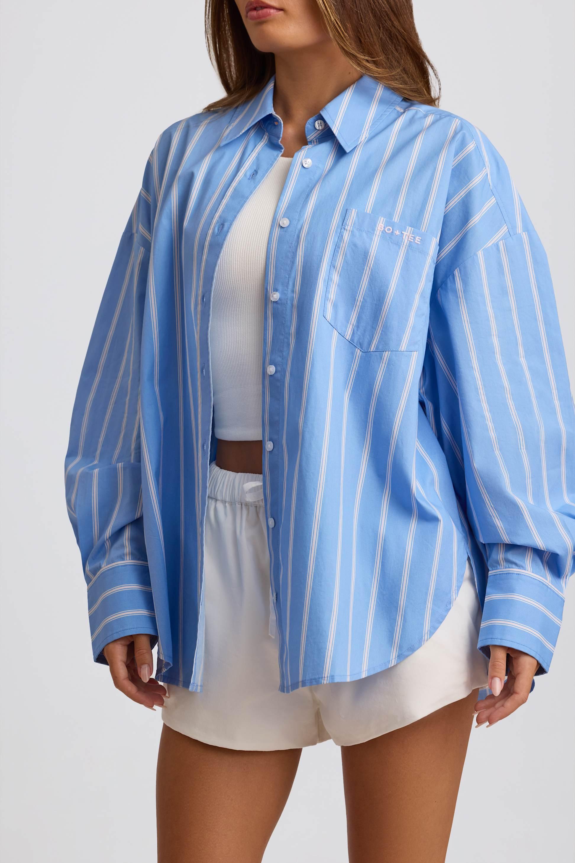 Cotton Poplin Stripe Oversized Shirt In Blue Stripe