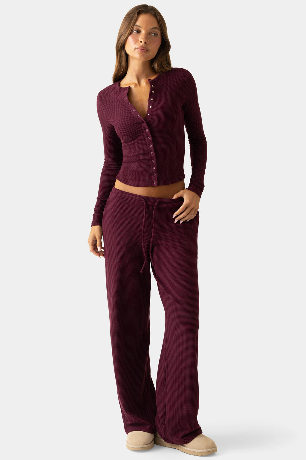 Ribbed Jersey Crewneck Cardigan In Plum