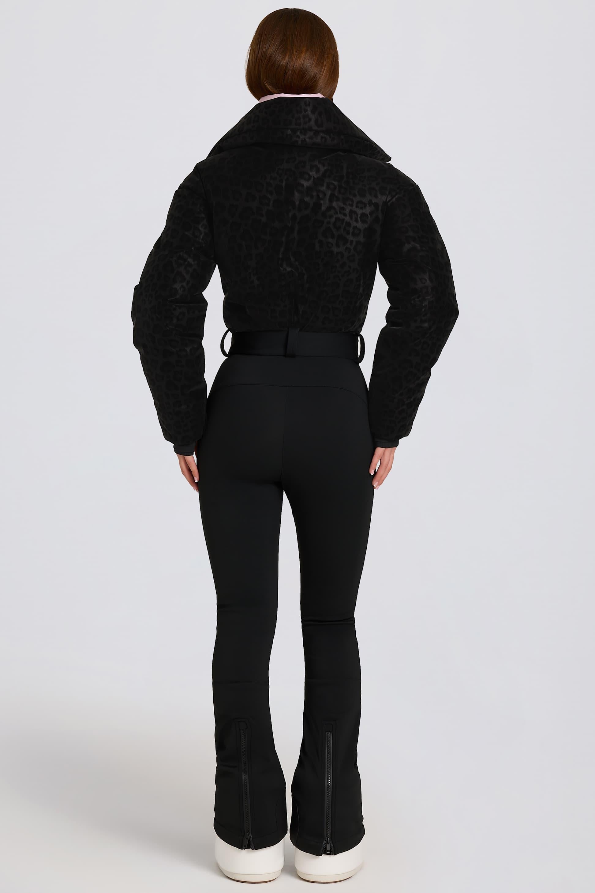 Waterproof Belted Layered Ski Suit In Black Leopard