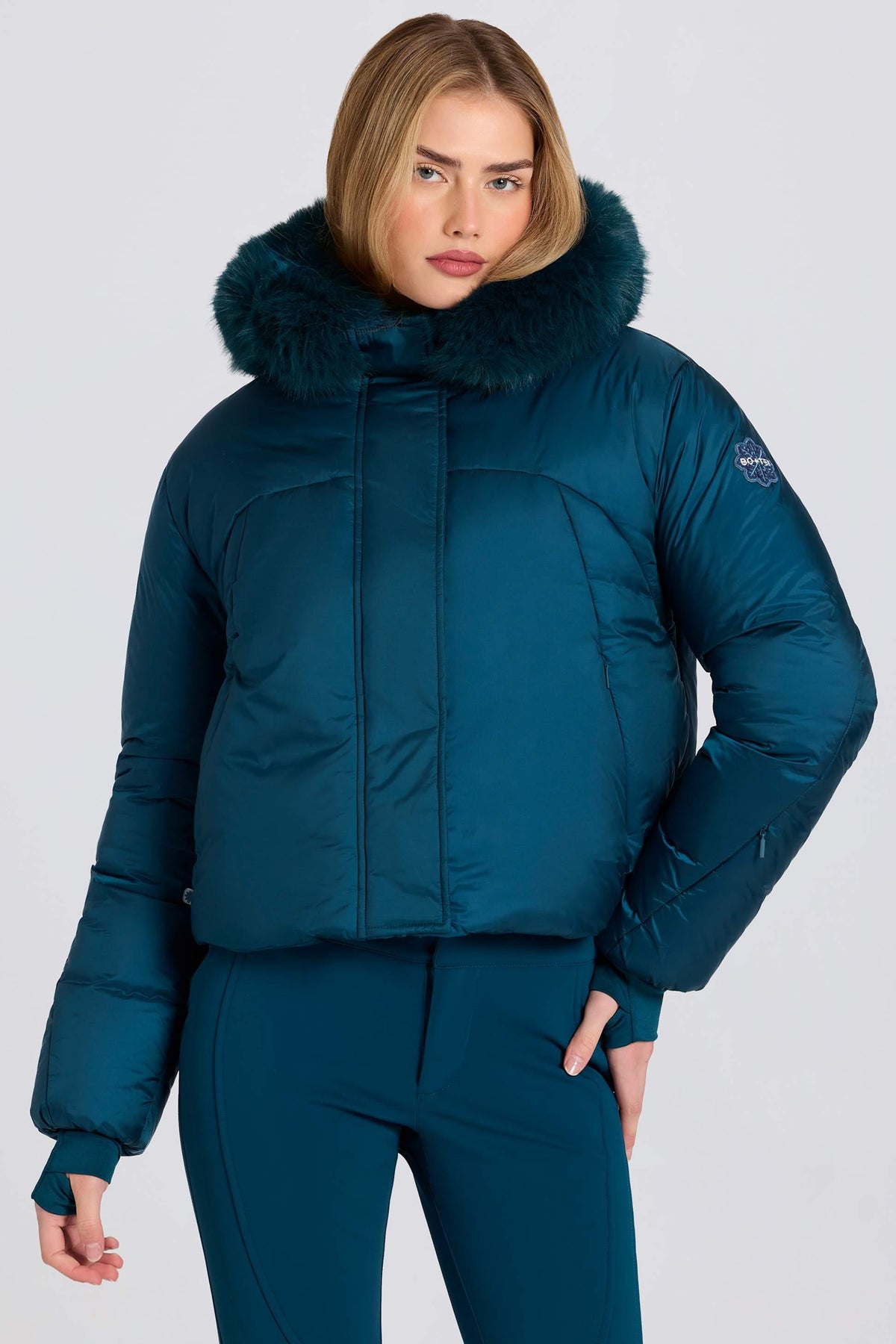 Waterproof Faux-fur Hood Cropped Ski Jacket In Teal