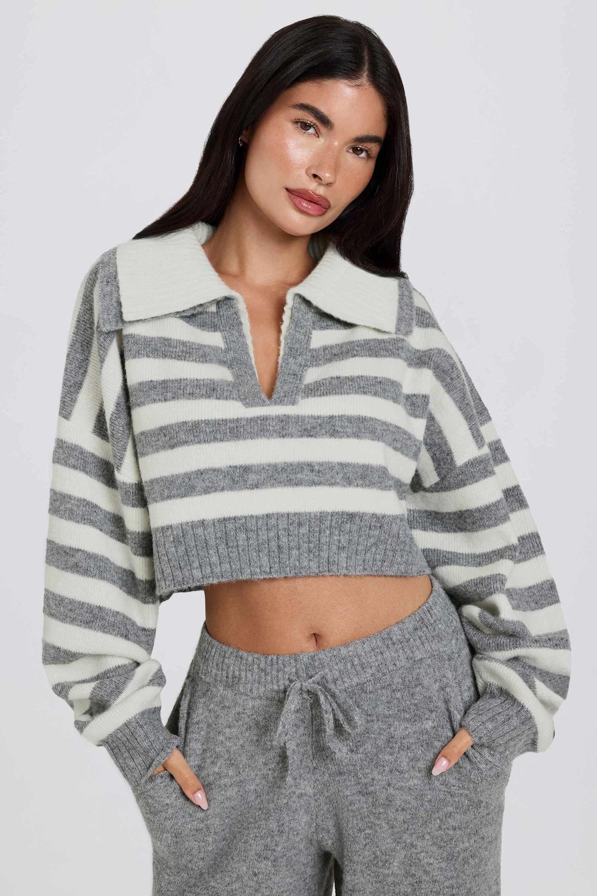 Soft Knit Layered Collar Cropped Jumper In Grey Stripe