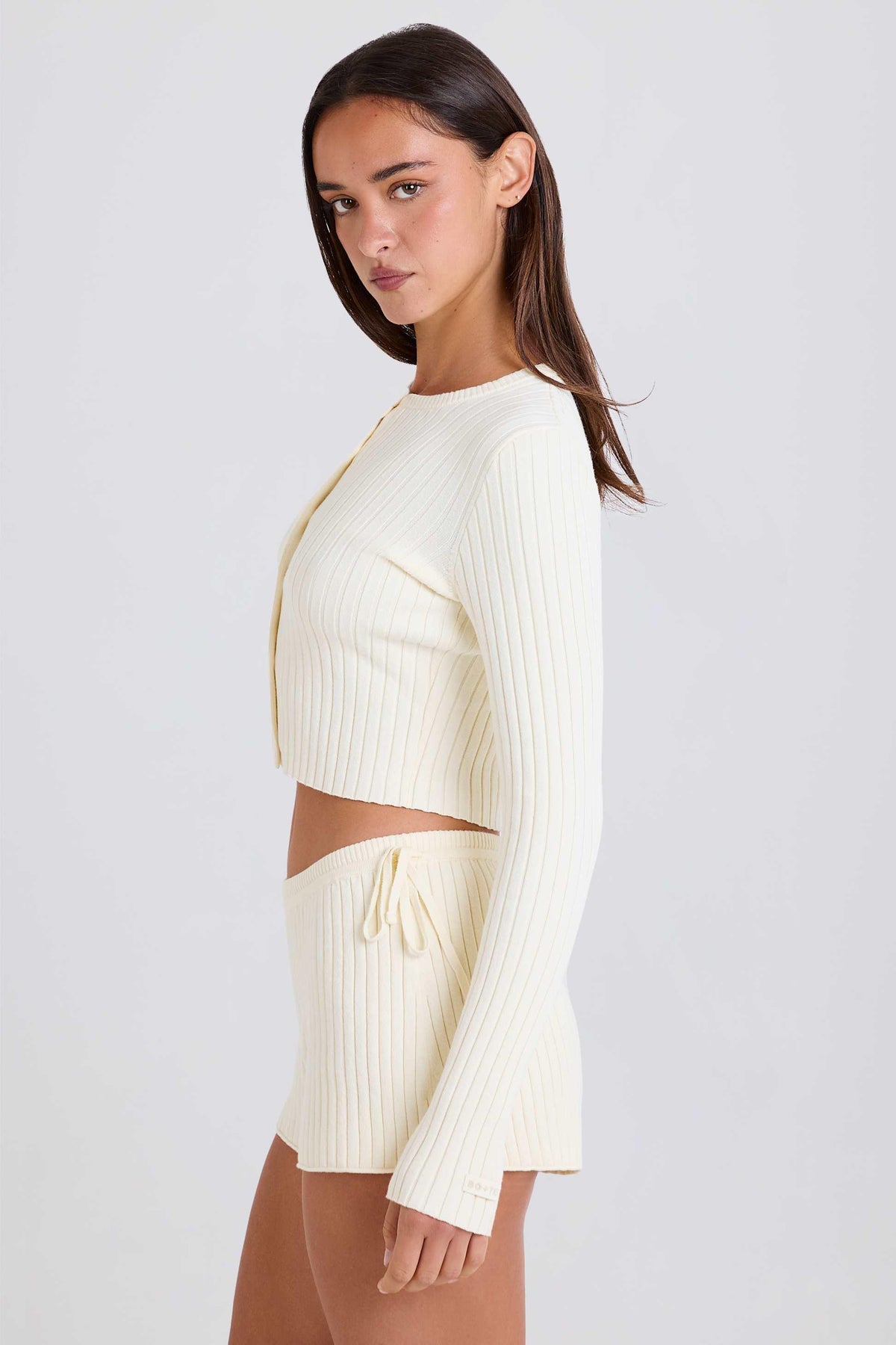 Ribbed Knit Tie Mini Shorts In Cream