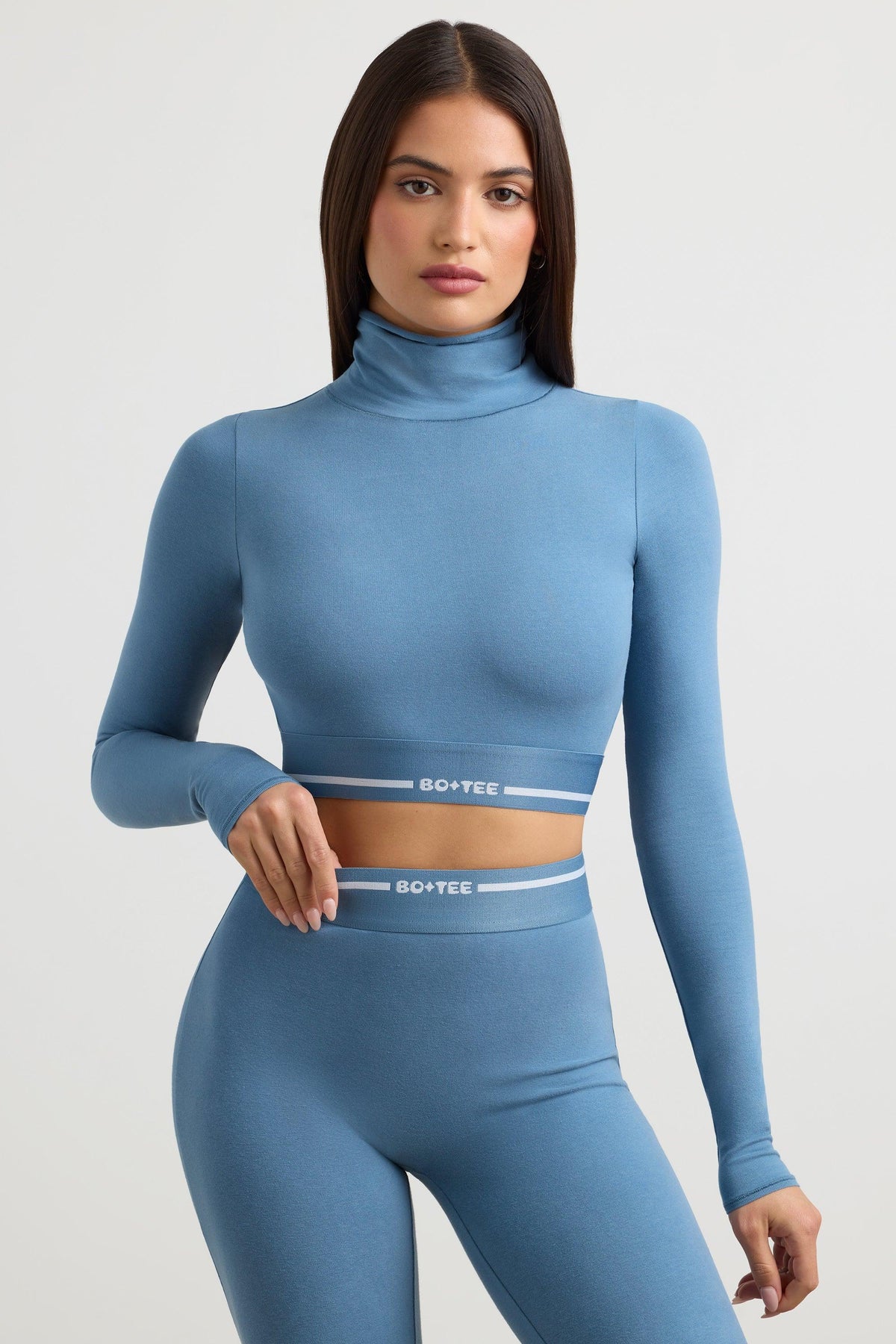 Backless Turtleneck Long-sleeve Crop Top In Steel Blue