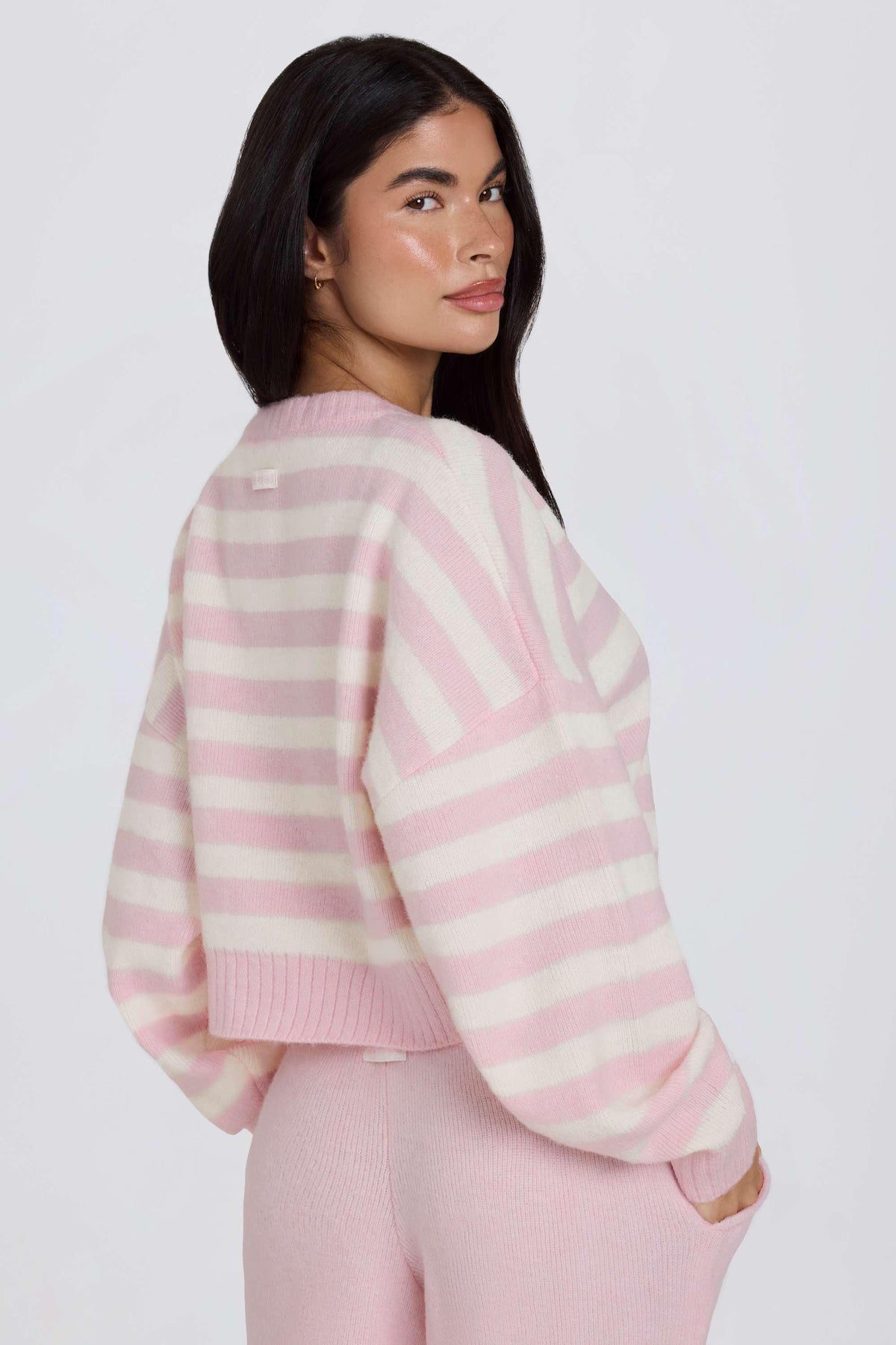 Soft Knit Stripe Cropped Cardigan In Pink Stripe