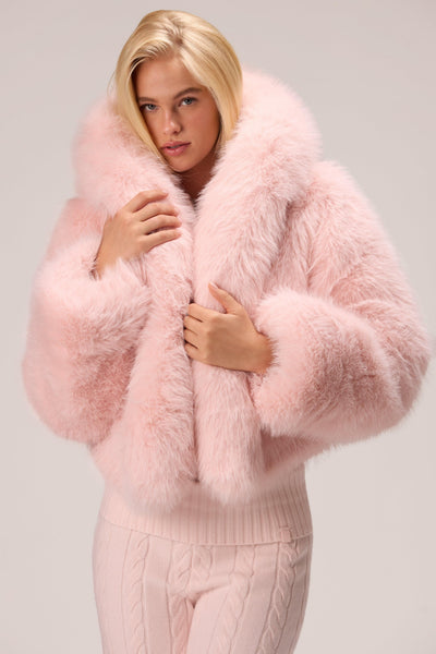 Cropped Hooded Fur Jacket In Powder Pink
