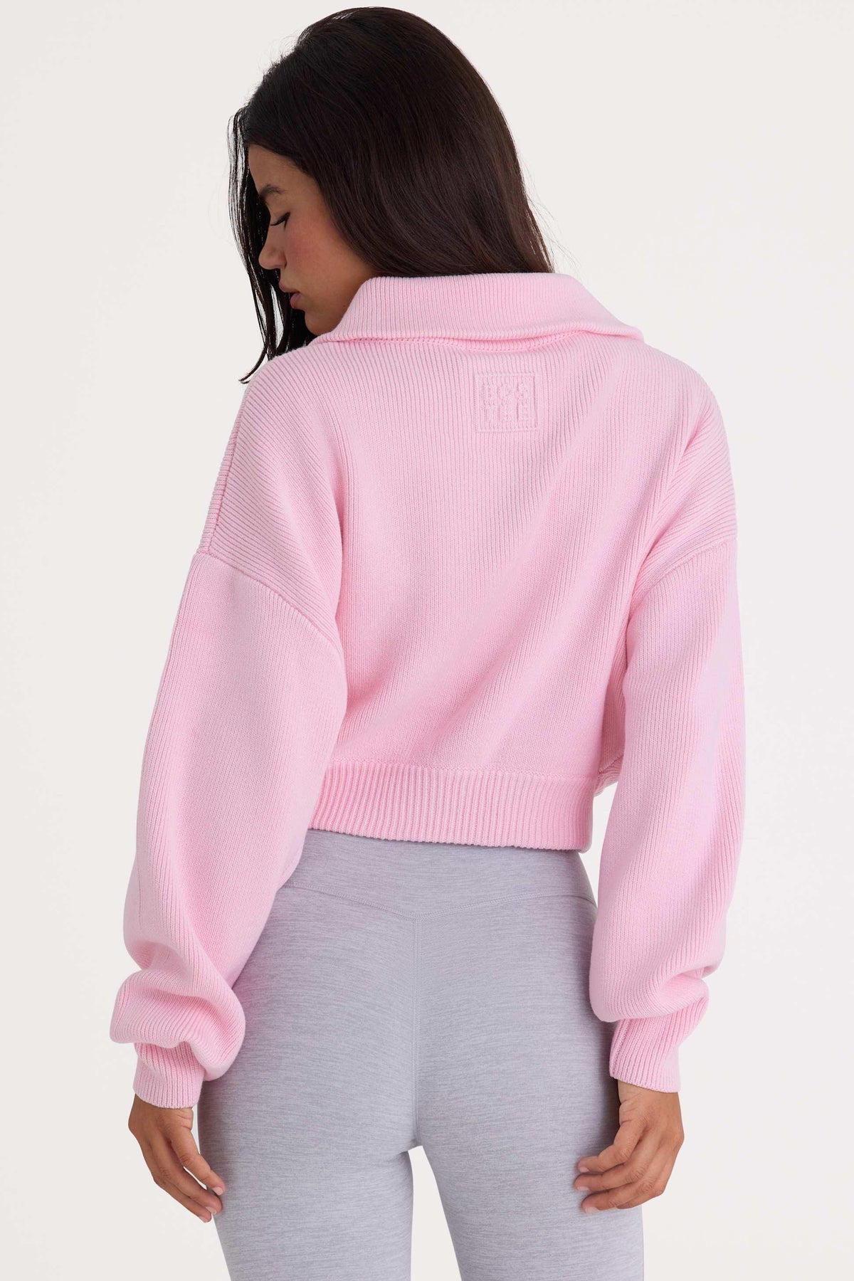 Ribbed Knit Zip-up Cropped Sweatshirt In Pale Pink