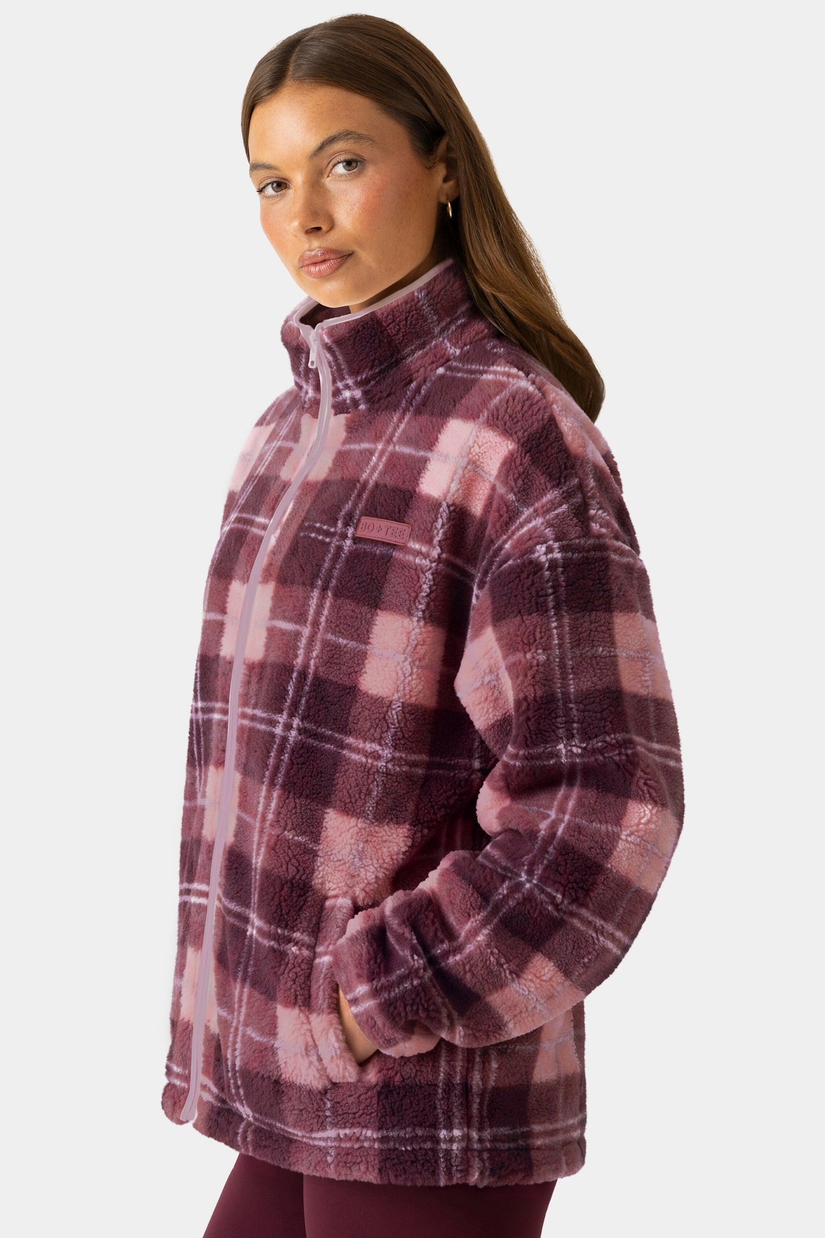 Oversized Zip-up Fleece In Plum Plaid