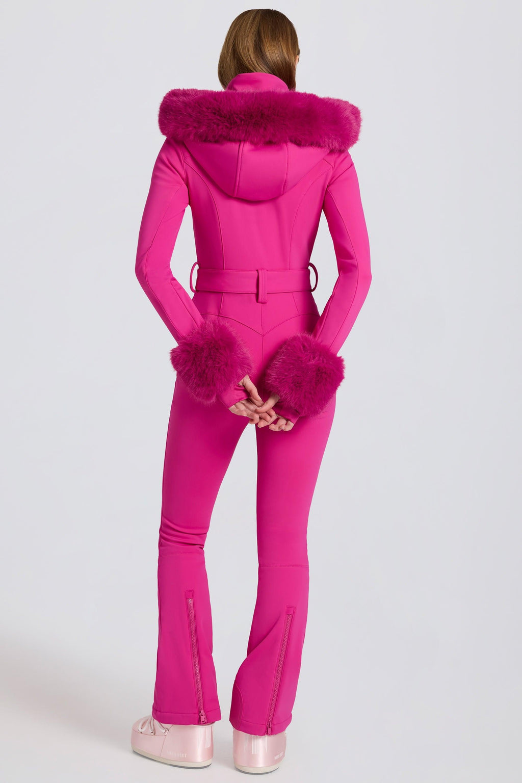 Waterproof Faux-fur Hood Fitted Ski Suit In Magenta Pink