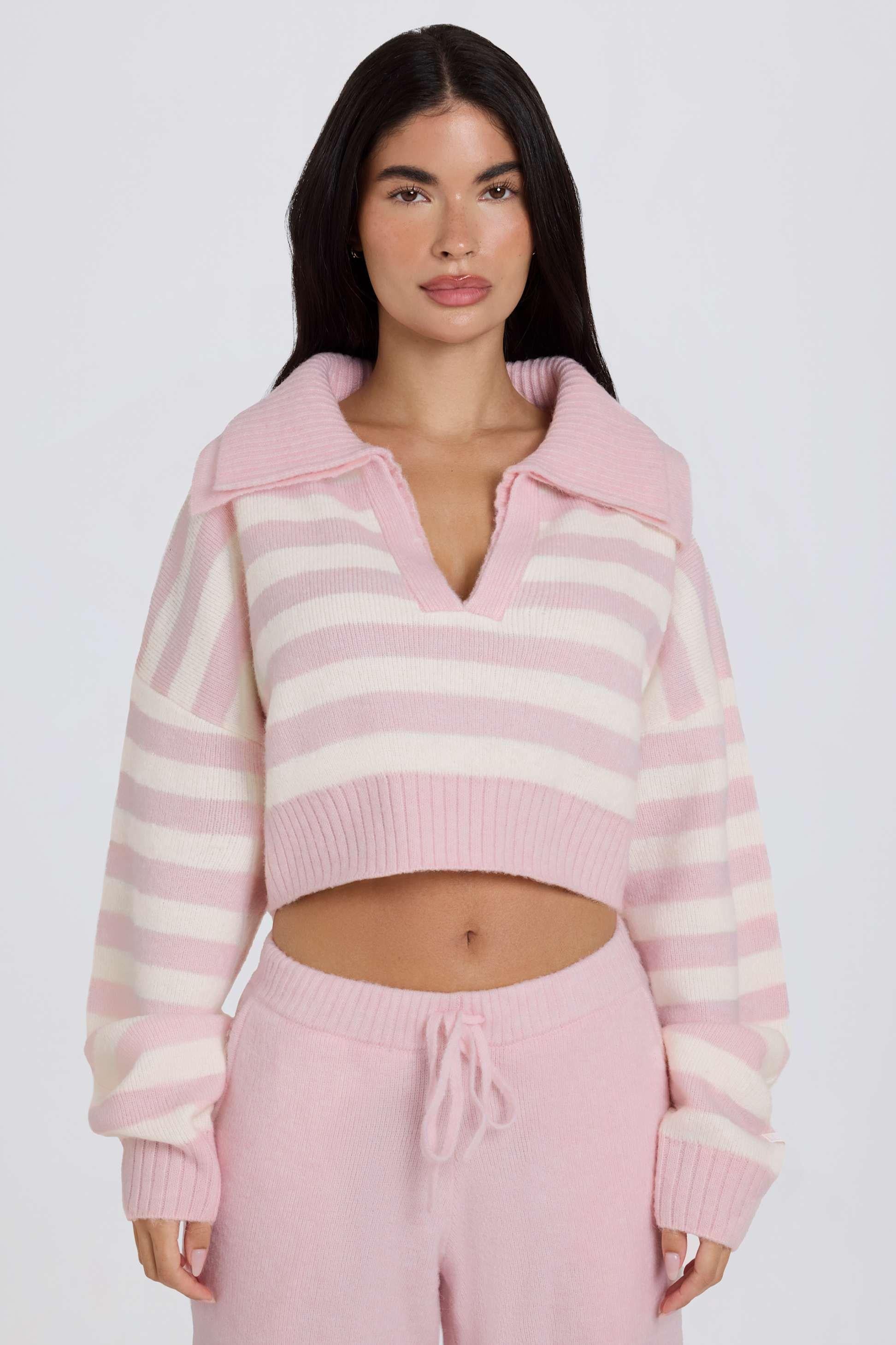 Soft Knit Layered Collar Cropped Jumper In Pink Stripe