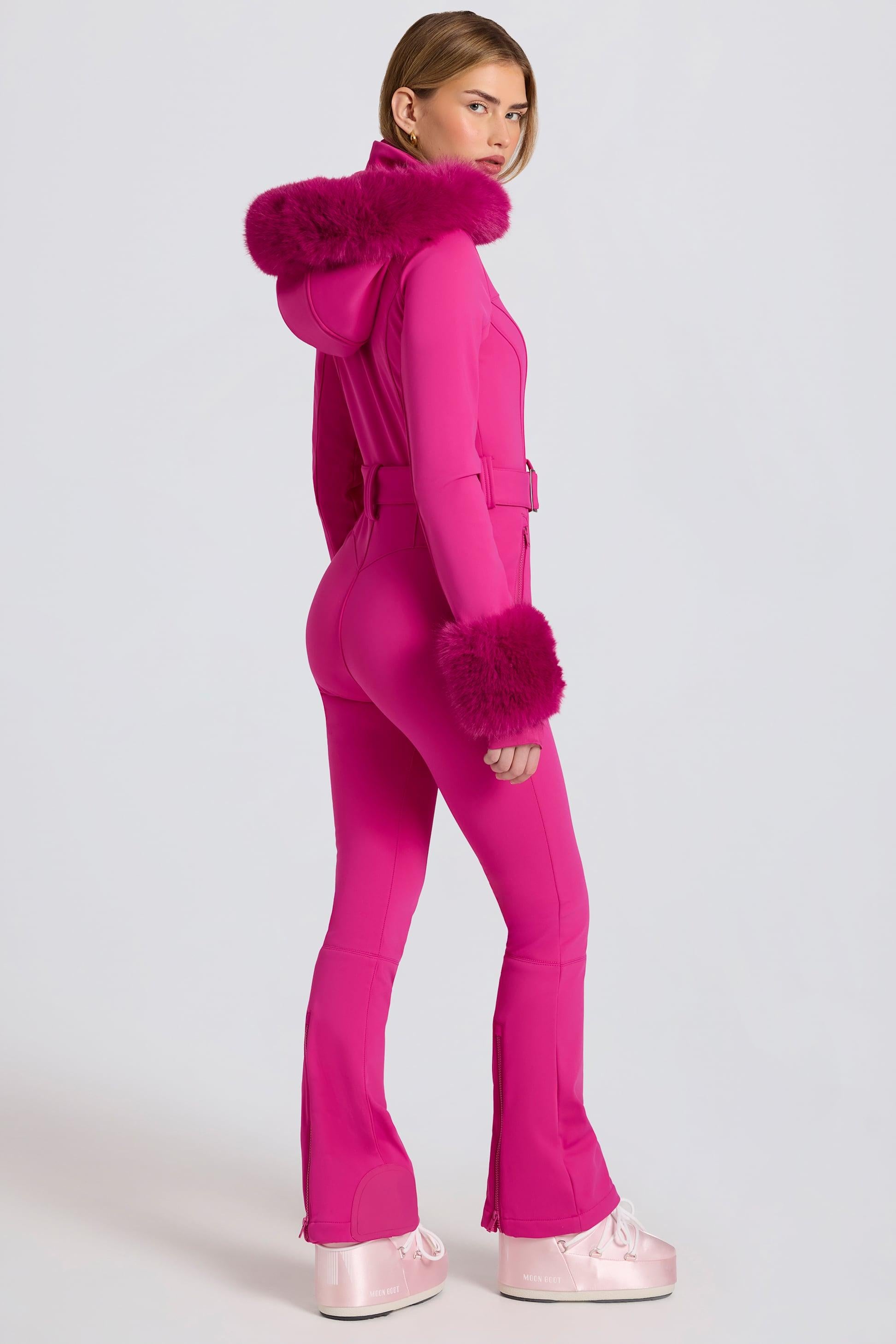 Waterproof Faux-fur Hood Fitted Ski Suit In Magenta Pink