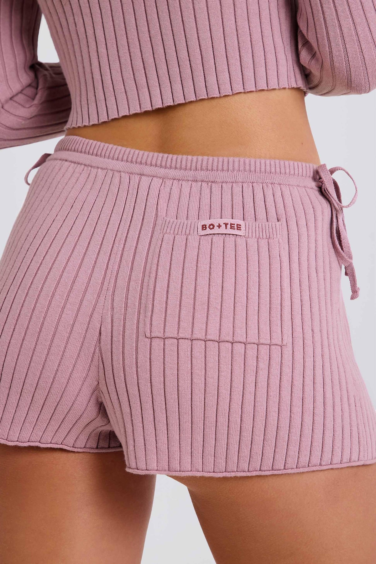 Ribbed Knit Tie Mini Shorts In Mauve