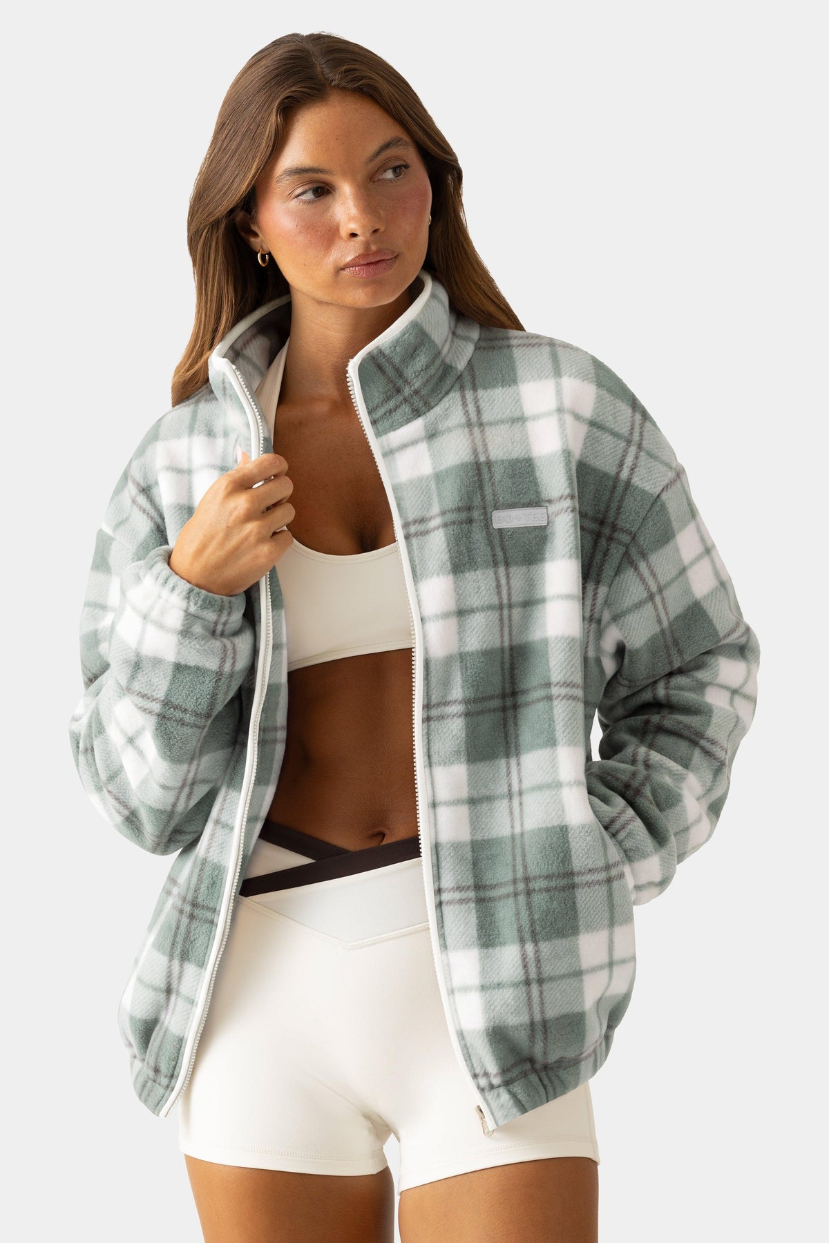 Oversized Zip-up Fleece In Matcha Plaid