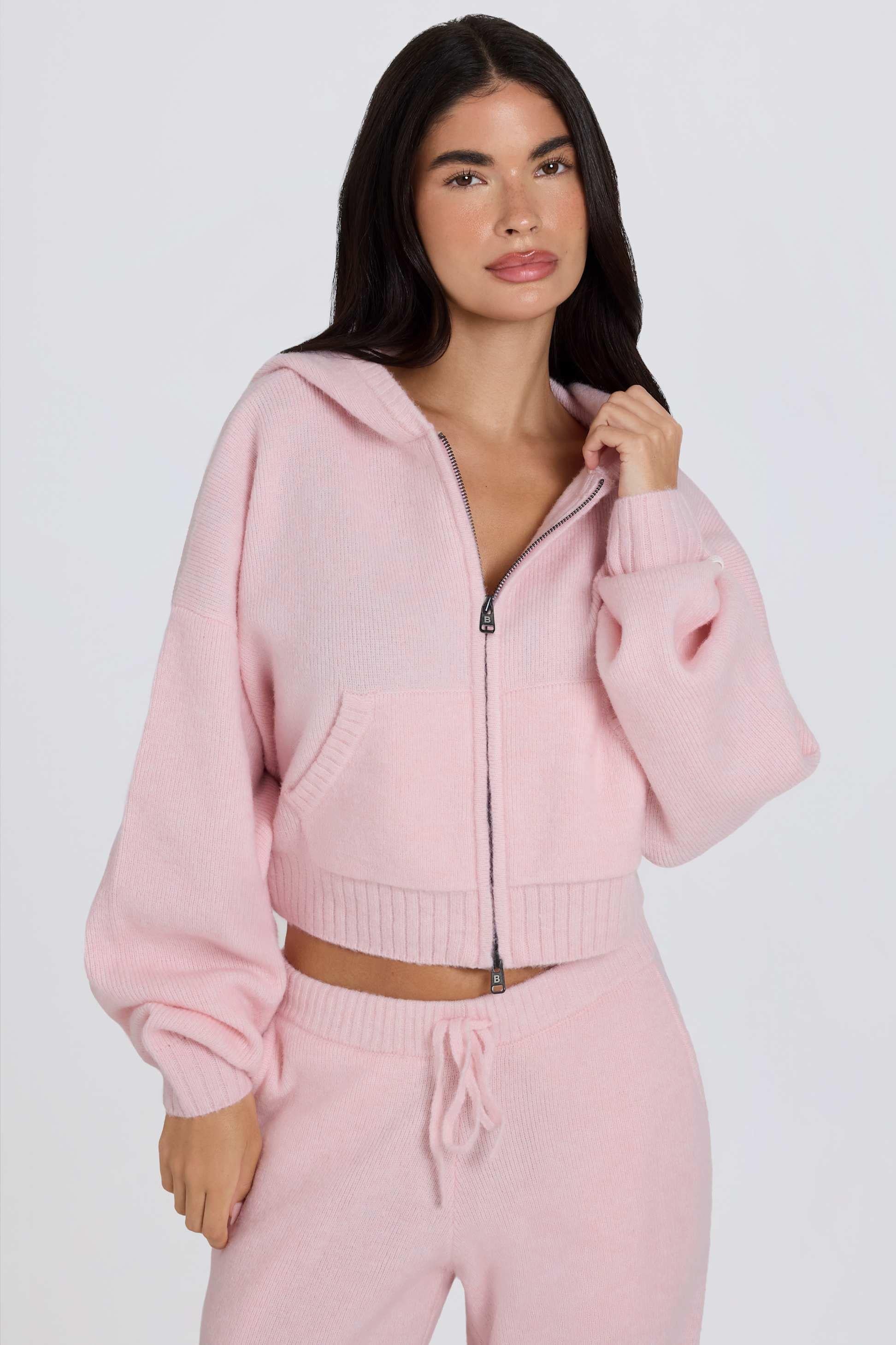 Soft Knit Zip-up Cropped Hoodie In Soft Pink